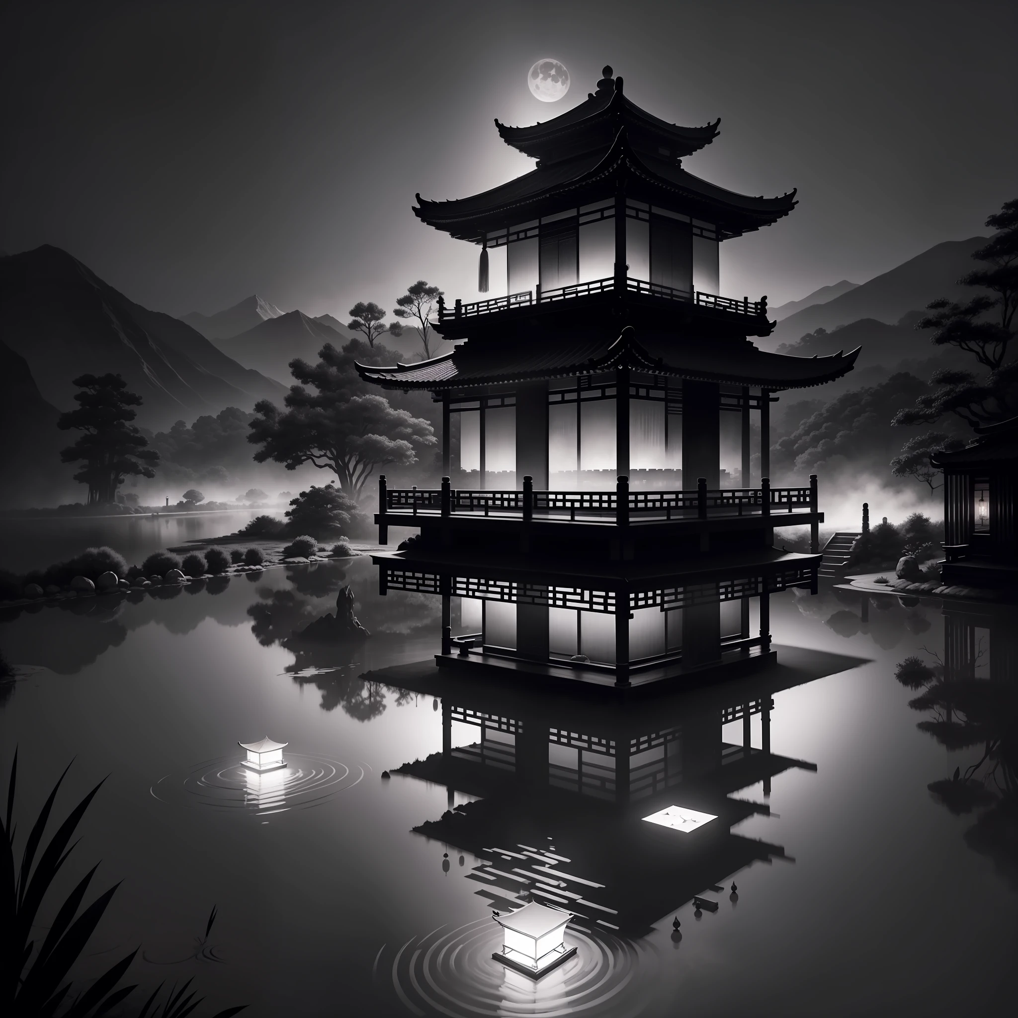 masterpiece,best quality,Chinese martial arts style,an asian night scene with lanterns and water lilies,asian pond with many lanterns and boatsa night scene with many lights and boats in the water, Lake surface, lotus flowers,beautiful night scene,(((Chinese martial arts style))), with vast sky, continuous mountains and steep cliffs, ink wash style, outline light, atmospheric atmosphere, depth of field, mist rising, bamboo, pine trees, octagonal stone pavilion, waterfall flowing water,big full moon,(No color) , Monochrome, light color,