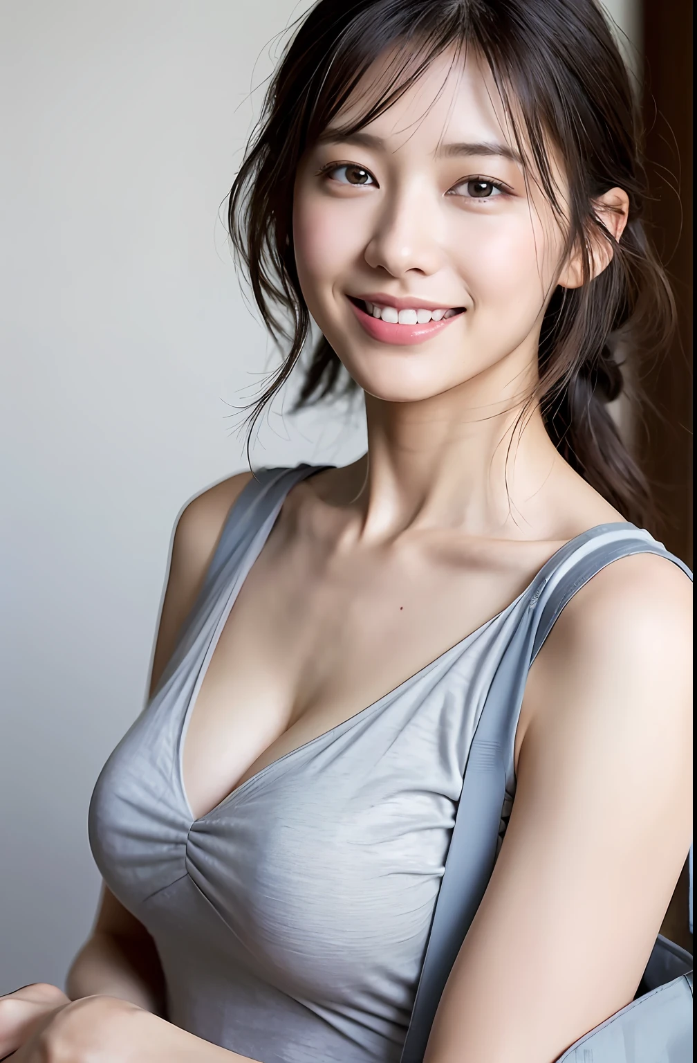 ((8K:1.27)、top-quality、masterpiece、超A high resolution:1.2)Photo Beautiful Japan woman (pleasing:1.1) (grey Clothes:1.21) Design by Gregg Lutkowski and Alphonse Mucha Intricate Elegance、Fantasia、the detail、Geometry、Gradient lighting、1girl in、26 year old、Delicate skin、looking at the spectator、Brown-eyed、(short flaxen hair:1.2)、(very large breast:1.0)、(medium areola:0.8)、(Photorealsitic:1.4)、(top-quality:1.0)、(超A high resolution:1.0)、(without hands:1.0)、8K、Raw photography、 (Representative songs: 0.2), (pureerosface_v1:0.5)、Tight clothes、tote bags、Sleeveless、Onepiece、Sleeveless、see -through、Laugh、short-cut、a necklace、Linen material、The shirt、Ginza 4-chome、After work、early evening、Business Fashion、Parted bangs、Hair is tied up、Gentle smile、
