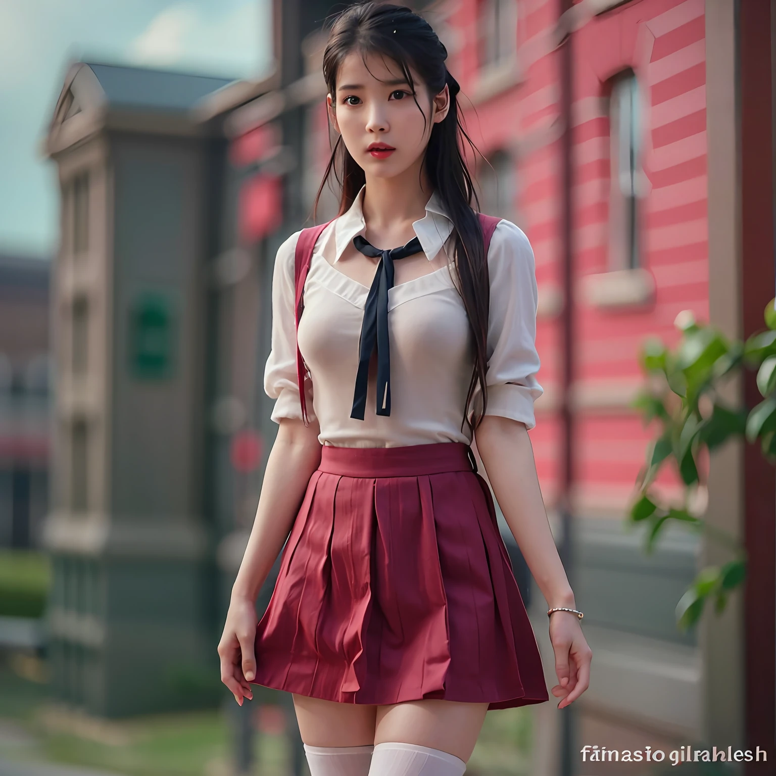 nikon RAW photo,8 k,Fujifilm XT3,photorealistic,realistic, solo, photorealistic, best quality, ultra high res, (skin spots:0.1) serious expression, , standing against a school at daylight, schoolgirl suits, short, wet and tight shirt, skirt beautiful, masterpiece, best quality, extremely detailed face, perfect lighting, solo,1girl, sexy sight best quality, ultra high res, photorealistic, ultra detailed, masterpiece, best quality, iu1, nice butt and body figure