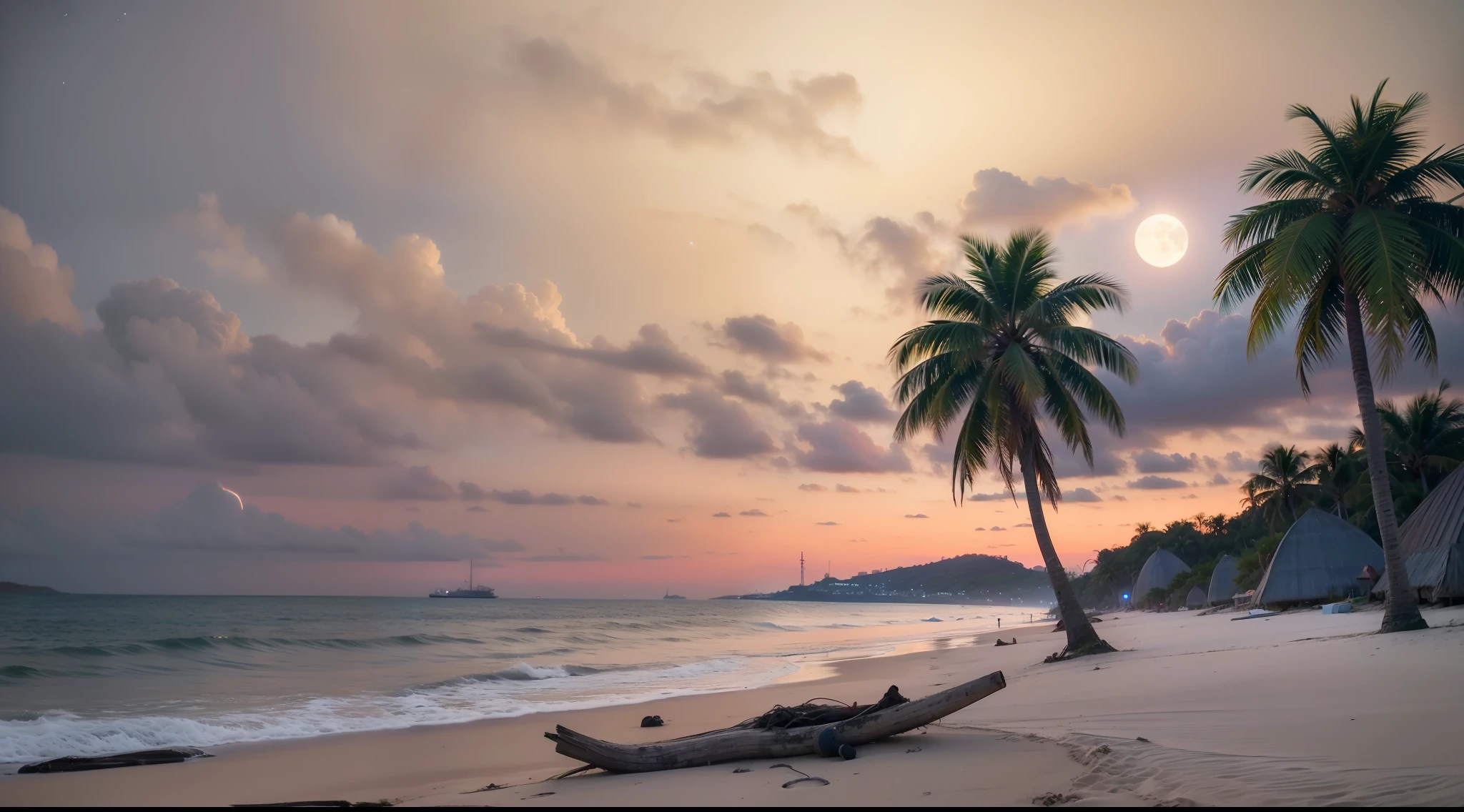 Create an image of a deserted island night beach landscape。People and buildings、Artifacts、Lighting is not included.、Express a beautiful sight in silence。Moonlight reflects off the surface of the sea、Describe the silhouette of a palm tree or a floating starry sky。Take advantage of the natural atmosphere of the beach、Please describe it as an engaging scene that makes you feel quiet, 3d rendered。Very realistic, photograph, Super Detail, high details, High quality, in 8K