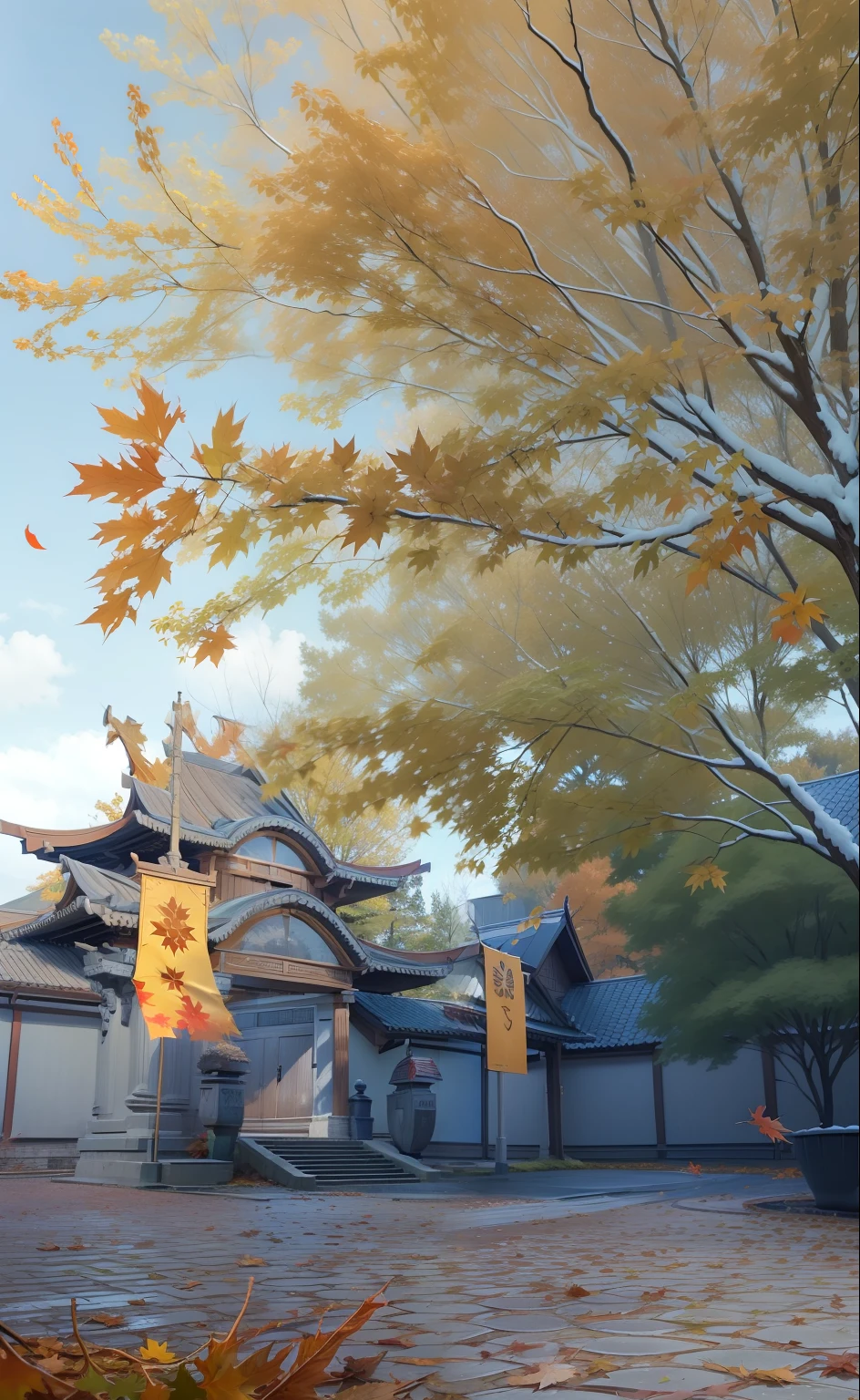maple trees，Red maple leaves fall，The ground is covered with fallen leaves