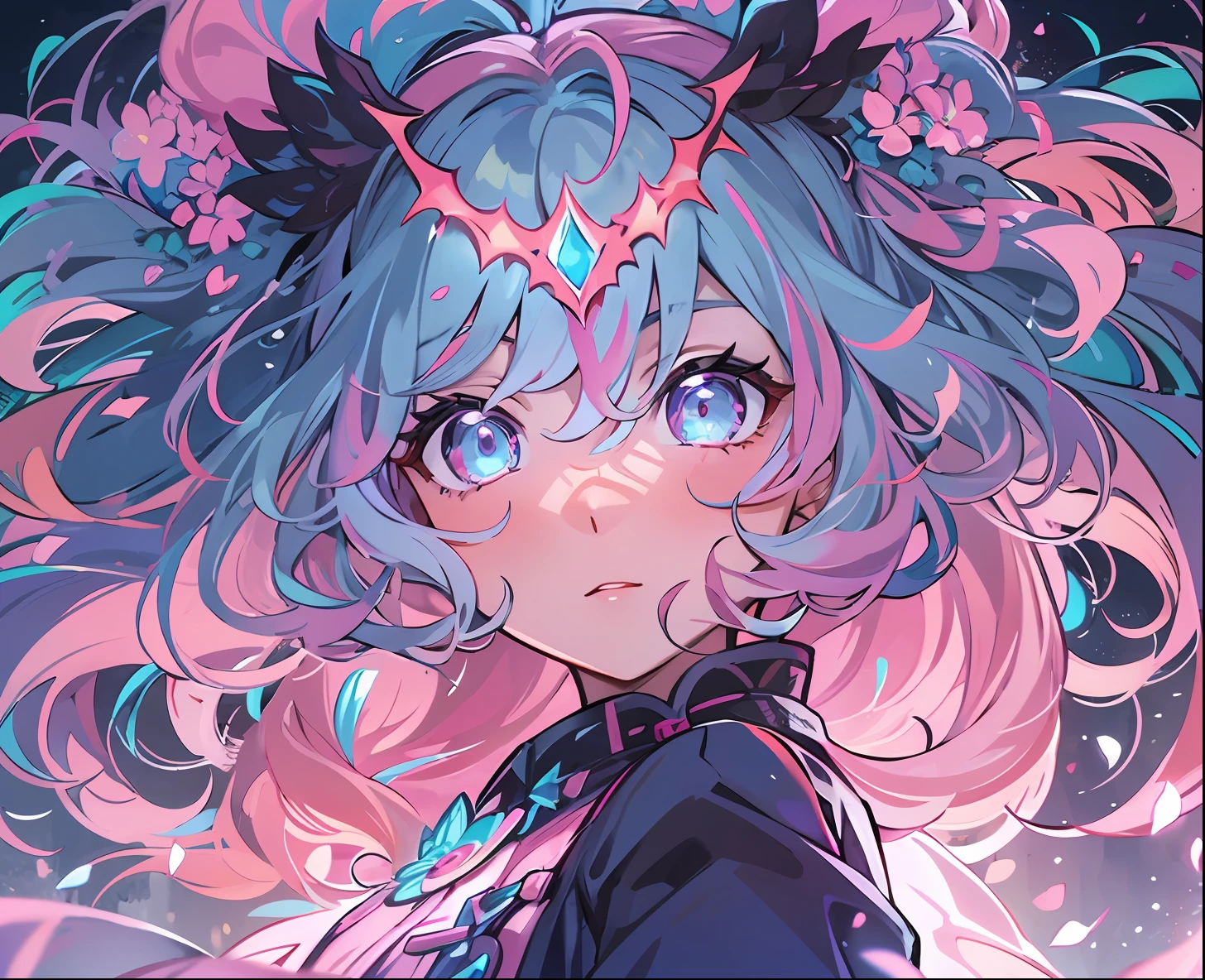 anime girl, vibrant hair colors (pink, blue, green), expressive eyes, dynamic pose, ethereal beauty, dreamy background, glowing lights