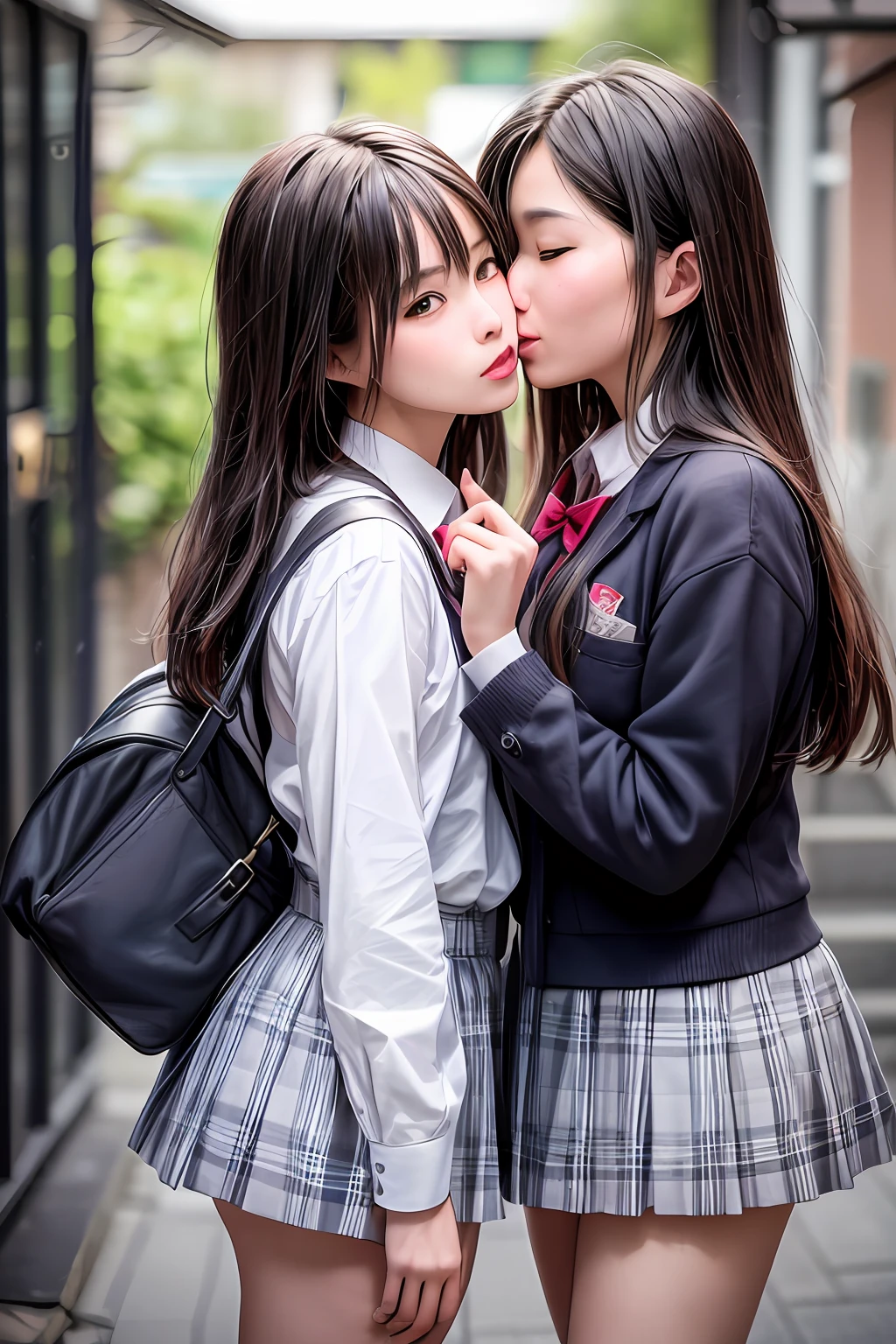 there are two girls in school uniforms kissing each other, photo taken with sony a7r, kissing together cutely, portrait of two girls kissing, two japanese schoolgirls posing, photo taken with nikon d750, photo taken with nikon d 7 5 0, shot on nikon z9, yoshitomo nara and aya takano, lovely kiss