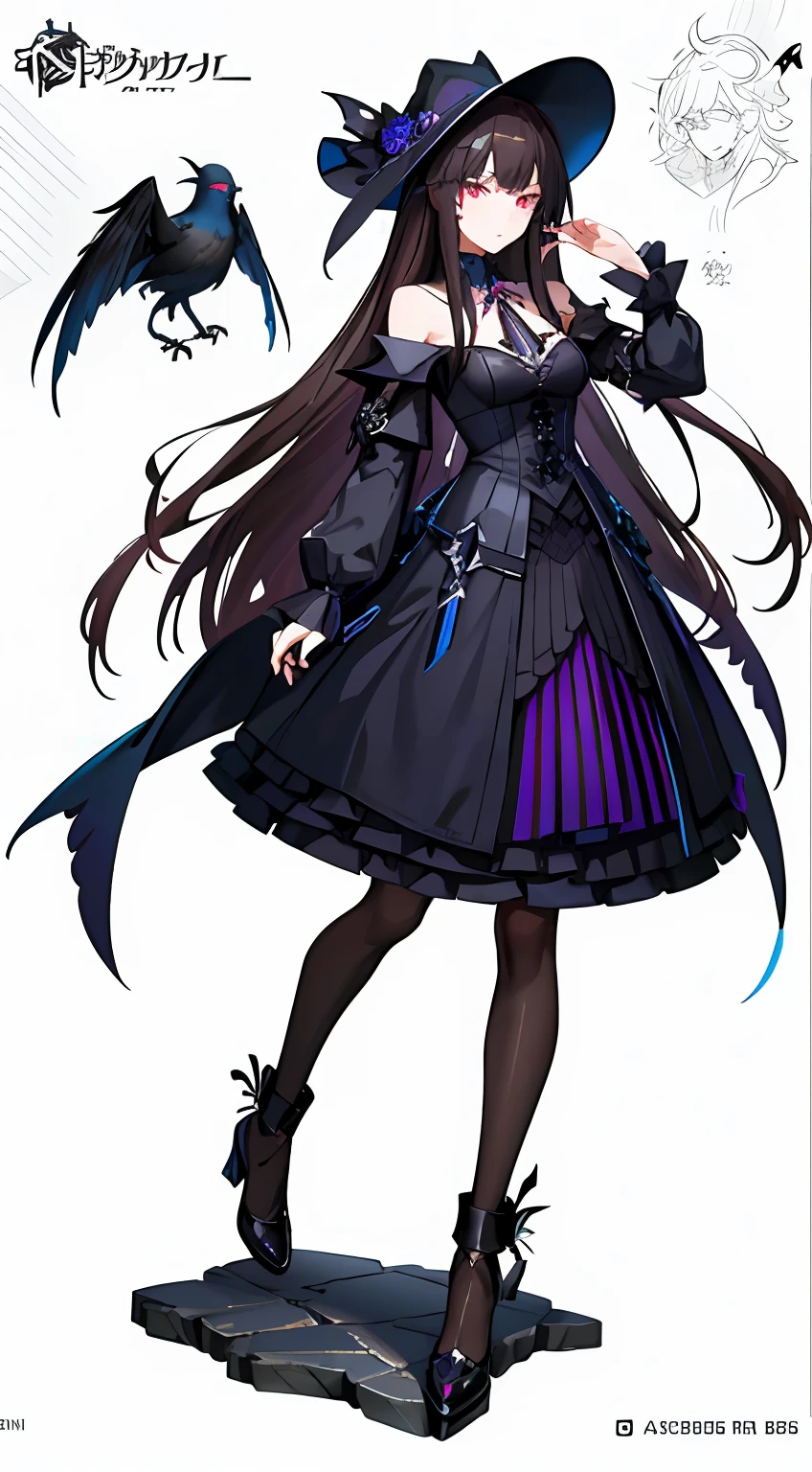 Close-up of a man in a dress and hat with a bird, fashionable dark witch, dark witch character, from girls frontline, gothic maiden anime girl, From Arknights, official character art, dark sorceress fullbody pose, Character design : : Gothic, ( ( concept art of character ) ), girls frontline style, noire, gapmoe yandere grimdark
