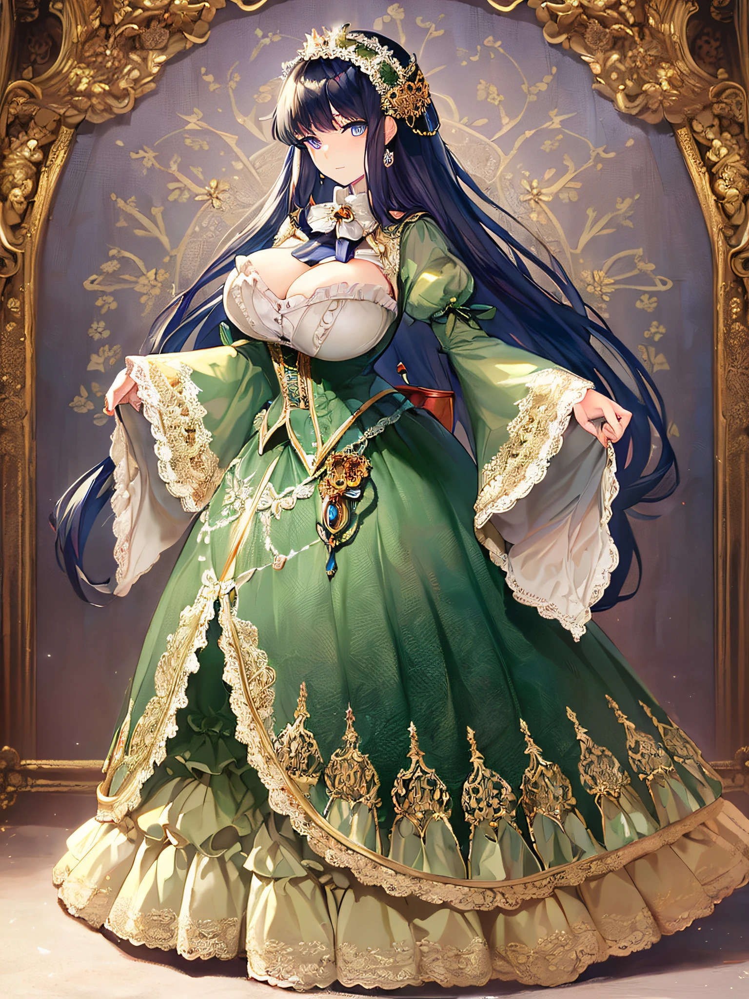 ((anime artstyle)),(Masterpiece),(Best Quality), (Super Detail),((Very Delicate and Beautiful)),((Solo)),((full body)),((1 victorian princess in gorgeousfull victorian dress with voluminous skirt)),many ruffles,detailed face and eyes,jewel-like eyes,((voluminous Very Long Straight Hair)),((gorgeousfull embroidery and lace)),gorgeous corsage,See-through,gorgeousfull hair ornament,gorgeousfull glitter jeweled tiara,ornate ruffles,((gigantic breasts,Long breasts)),skindentation,((full body)),((hoop skirt,crinoline)),standing pose,Dynamic Angle,Looking at viewer,royal palace,(((gorgeous embroidery gorgeousfull victorian dress with voluminous skirt)),full body