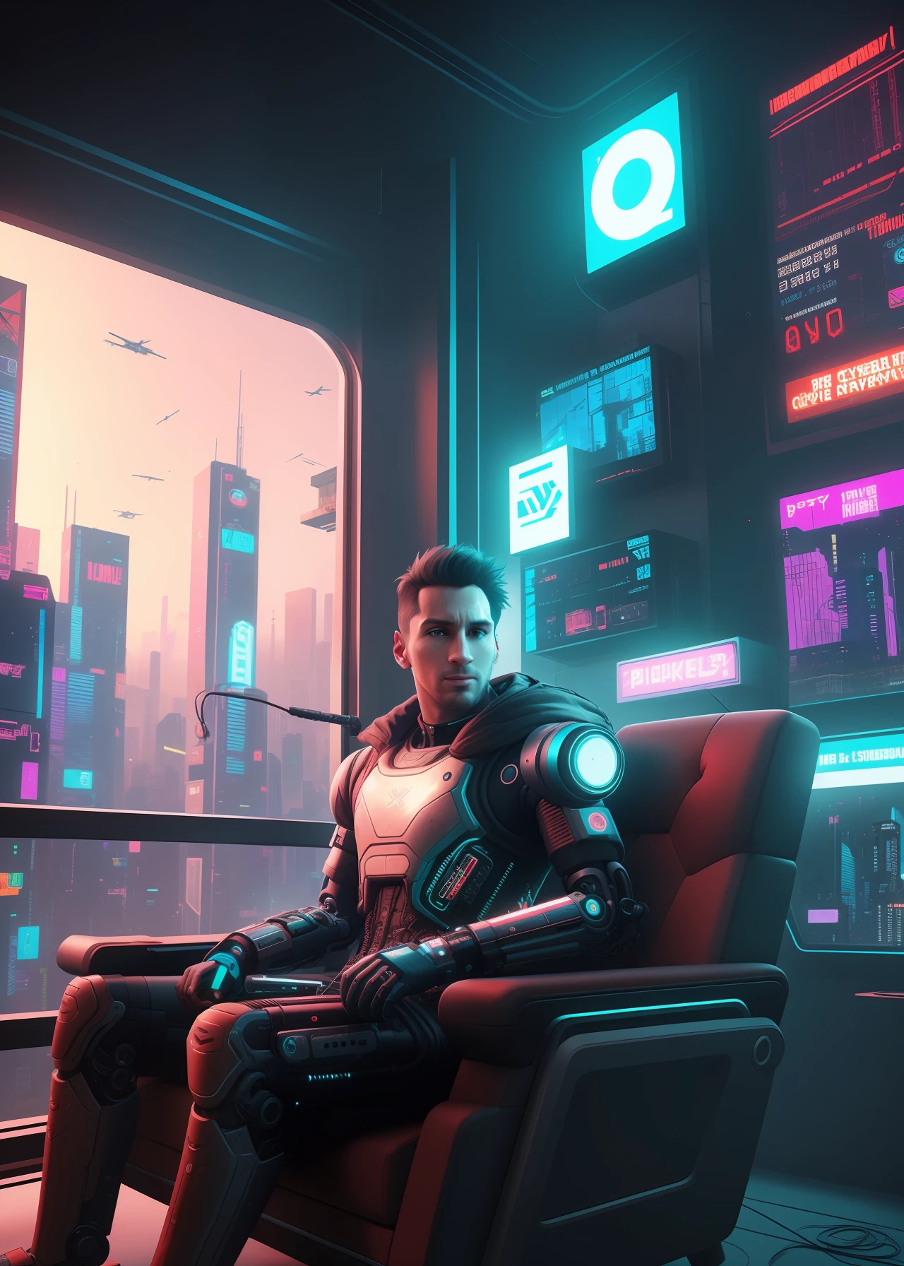 a professional photo of Lionel Messi sitting in an armchair, wearing a cybernetic suit with cyborg enhancements, looking into the camera, focusing on his face, realistic, dsrl, canon, sony
deeper into the metaverse we go, it has cyberpunk style, cyberpunk theme, in cyberpunk 2077, futuristic cyberpunk, future cyberpunk, synthwave, wearing cyberpunk streetwear, futuristic cyberpunk, cyberpunk tech, retro cyberpunk, synthwave style