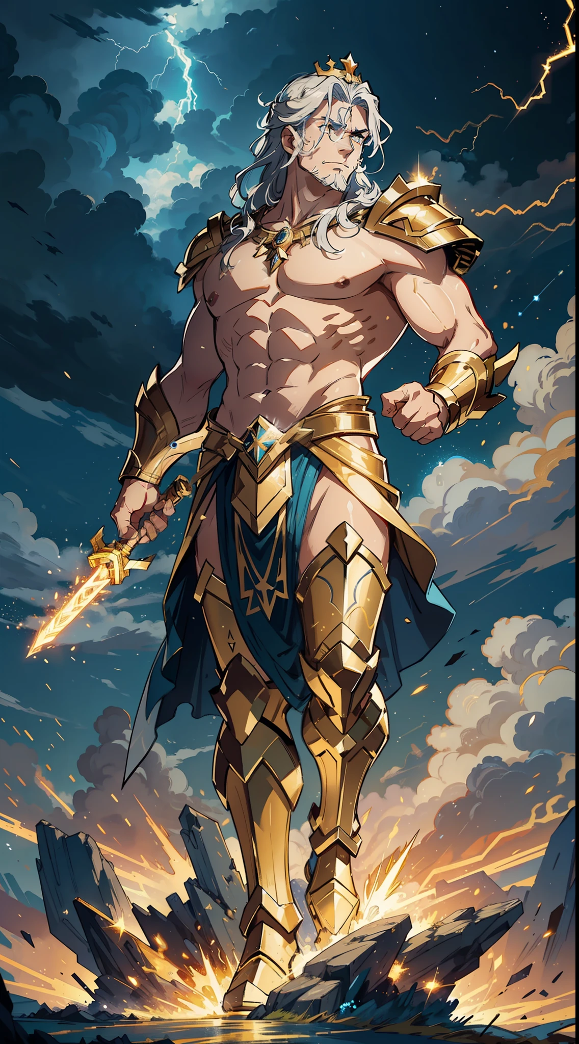 "zeus from the greek mythology, powerful and regal, lightning bolt in hand, wearing golden armor and crown, commanding the skies, surrounded by thunder clouds and sparks, epic and majestic display, dynamic pose and expression, mythical aura, divine presence."