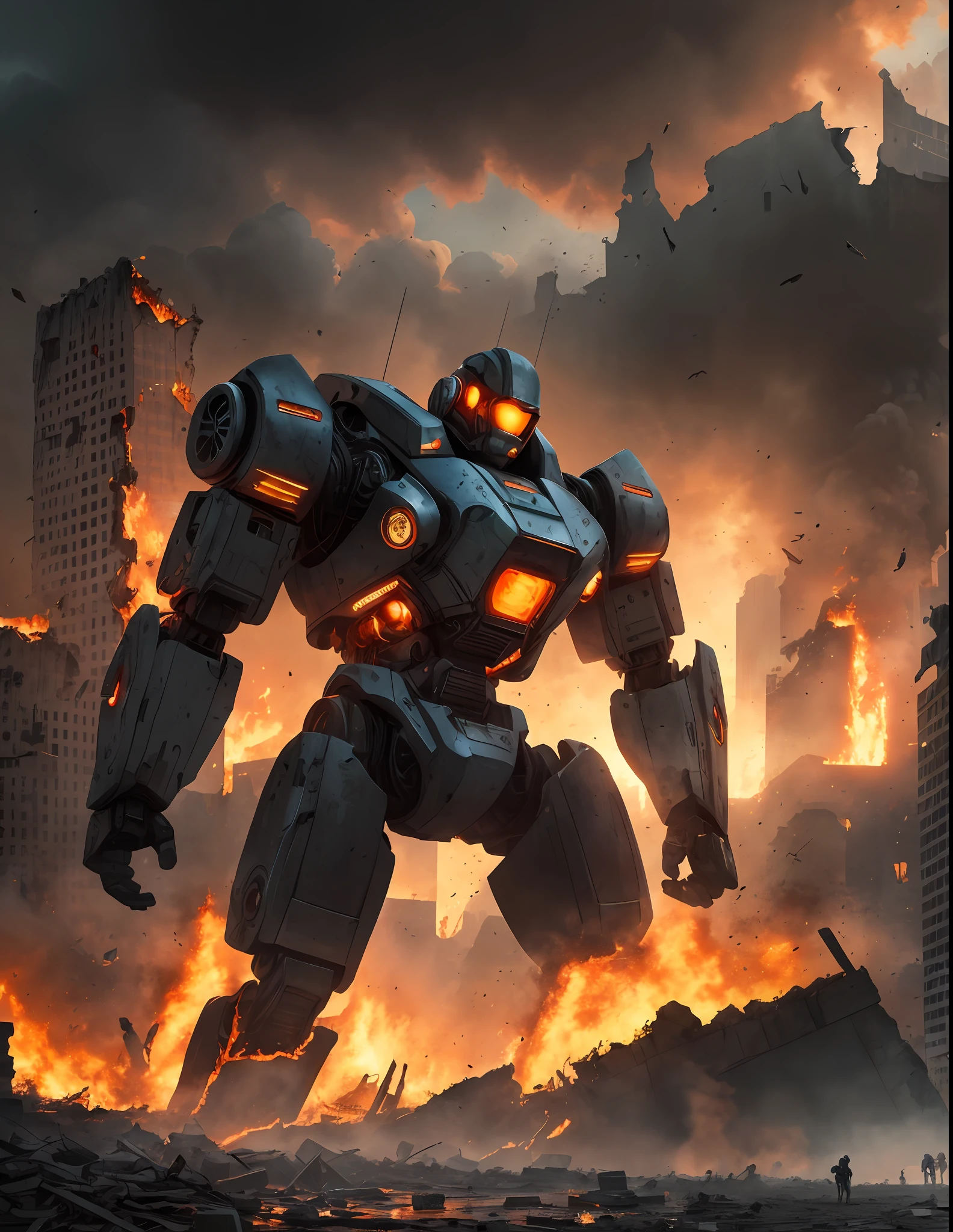 full shot, uprising of cyborg robots against the background of the ruins of the city on fire, post-apocalyptic atmosphere, low key, dramatic light, twilight, super high resolution, 32k, super sharp focus, hdr, hyperphotorealism, Joe Bussenik style --auto --s2