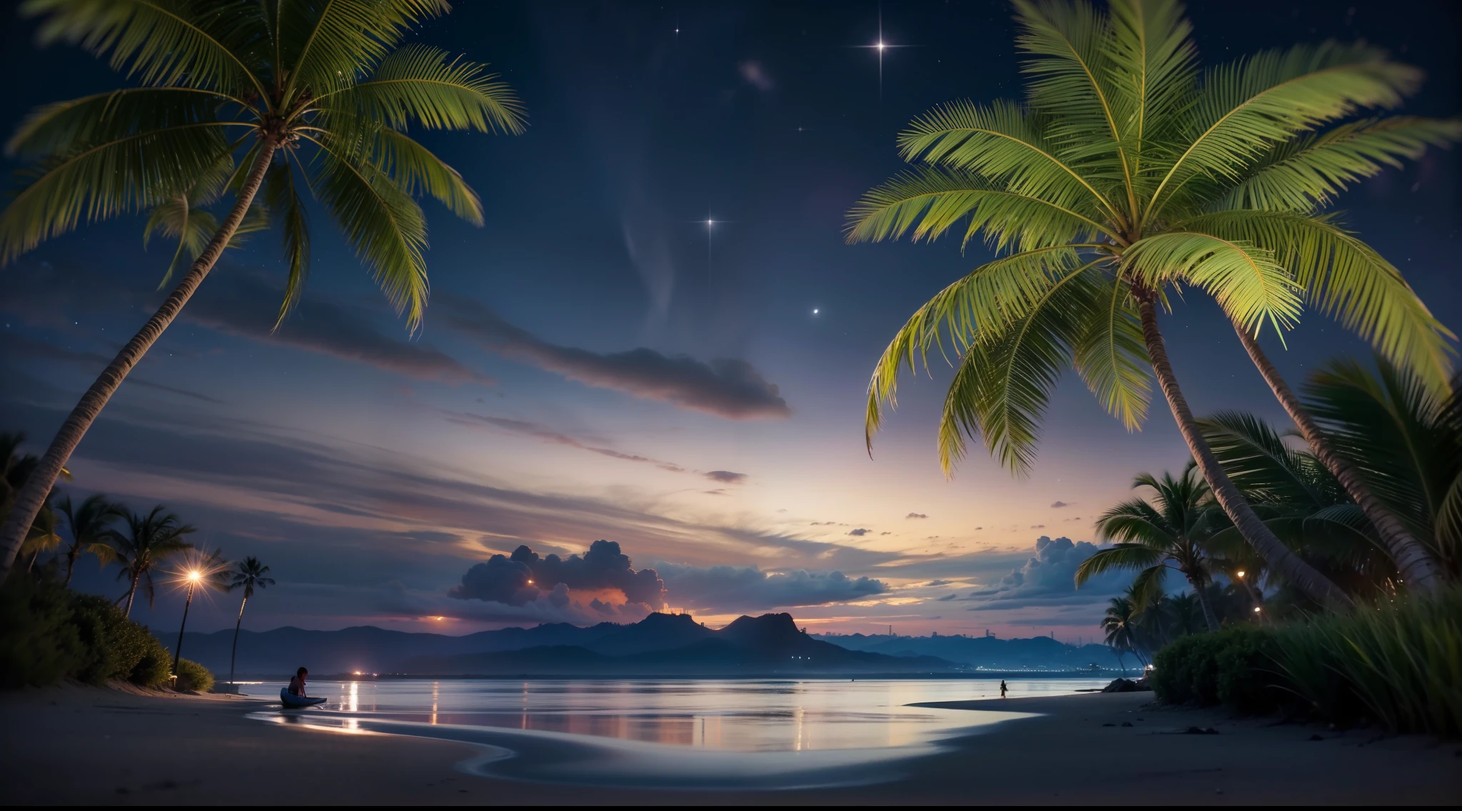 Create an image of a deserted island night beach landscape。People and buildings、Artifacts、Lighting is not included.、Express a beautiful sight in silence。Moonlight reflects off the surface of the sea、Describe the silhouette of a palm tree or a floating starry sky。Take advantage of the natural atmosphere of the beach、Please describe it as an engaging scene that makes you feel quiet, 3d rendered。Very realistic, photograph, Super Detail, high details, High quality, in 8K