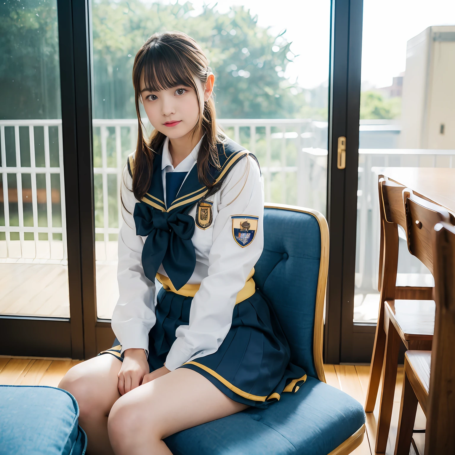 1girll,Solo,Pure_detail in face_The face is pure_eye detailed_eyed ((JK_校服,High school student uniform,School uniform for high school students,High school miniskirt,JK_sailor uniformm,JK_Serakuf)),JK_a skirt,JK_Loose socks jk_Loafer shoes,high school senior, short detailed hair,middle score,Sit in a swivel chair in a café,((Infinity round chair)),outdoor cafe,Outdoor stools,(Single table,High chair, High table),(From the front side:1.7),(Spread your feet in front of you),(Breaking Old Works:1.1),(Golden section:1.1),(the golden ratio:1.1),(Keep your feet apart),{{Extremely detailed thigh details}},{{Extremely detailed panty details}},{{{pantiess}}},(legs are open),(The reveal panties),(Natural color panties),From the bottom right corner。