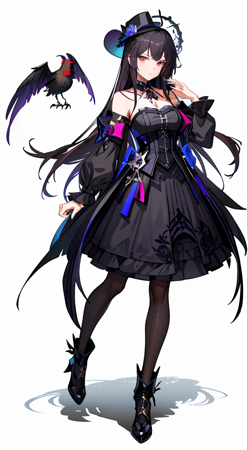 Close-up of a man in a dress and hat with a bird, fashionable dark witch, dark witch character, from girls frontline, gothic maiden anime girl, From Arknights, official character art, dark sorceress fullbody pose, Character design : : Gothic, ( ( concept art of character ) ), girls frontline style, noire, gapmoe yandere grimdark