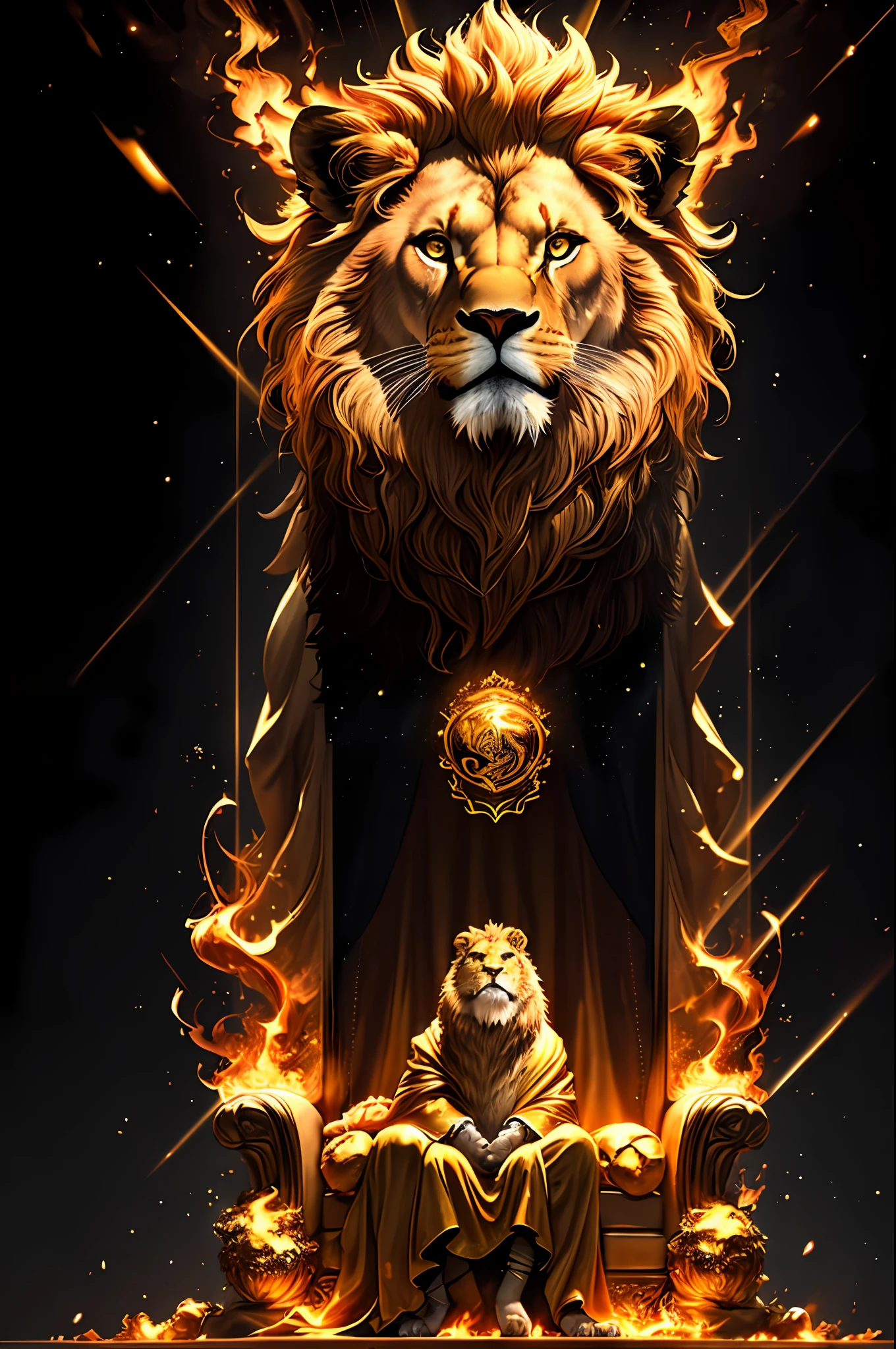 An royale King Lion full boby, background galaxy, magic 3D, full resolution style RTX with flaming eyes sitting on a throne, captured through Photography with a 35mm lens. Inspired by the artistry of National Geographic photographers, the scene portrays the majestic lion, regal and powerful. The color temperature is warm, with golden hues highlighting the lion's magnificence. The lion's eyes burn with intense flames, emanating a sense of authority and dominance. The lighting casts dramatic shadows, creating a captivating atmosphere, symmetrical, full boby, big angle, rtx, bobybuilder