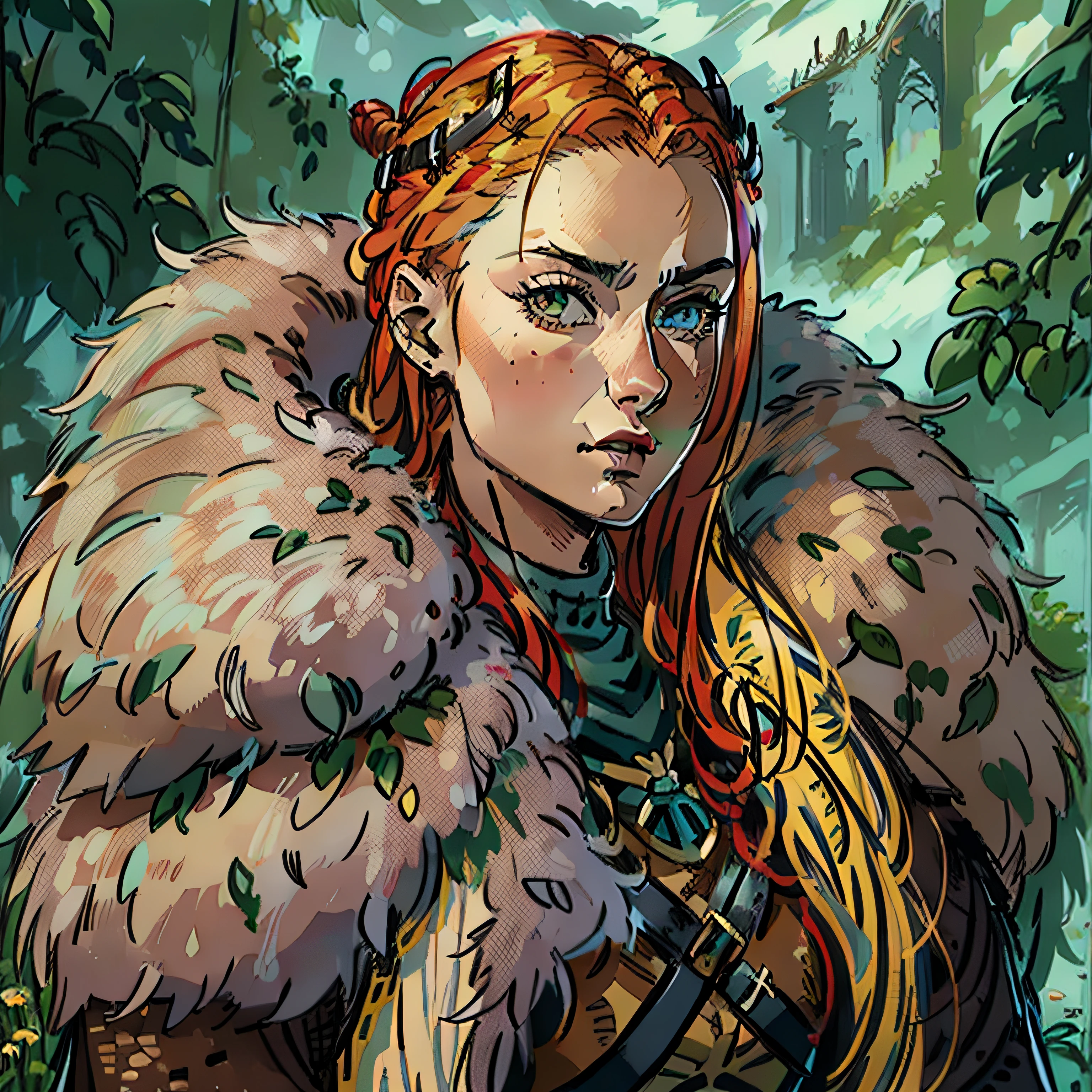 sophie turner look a like, lady viking, furry clothes, rpg character, medieval fantasy, close up portrait, sexy, female