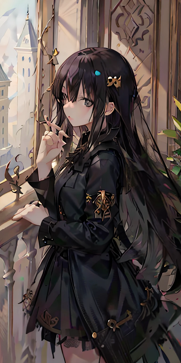 teens girl，Long black hair that reaches the waist，Side Body，The upper part of the body，black toga，Stand on the castle balcony，looks out the window，Pale，Gray eyes，Mysterious charm，Gold earrings