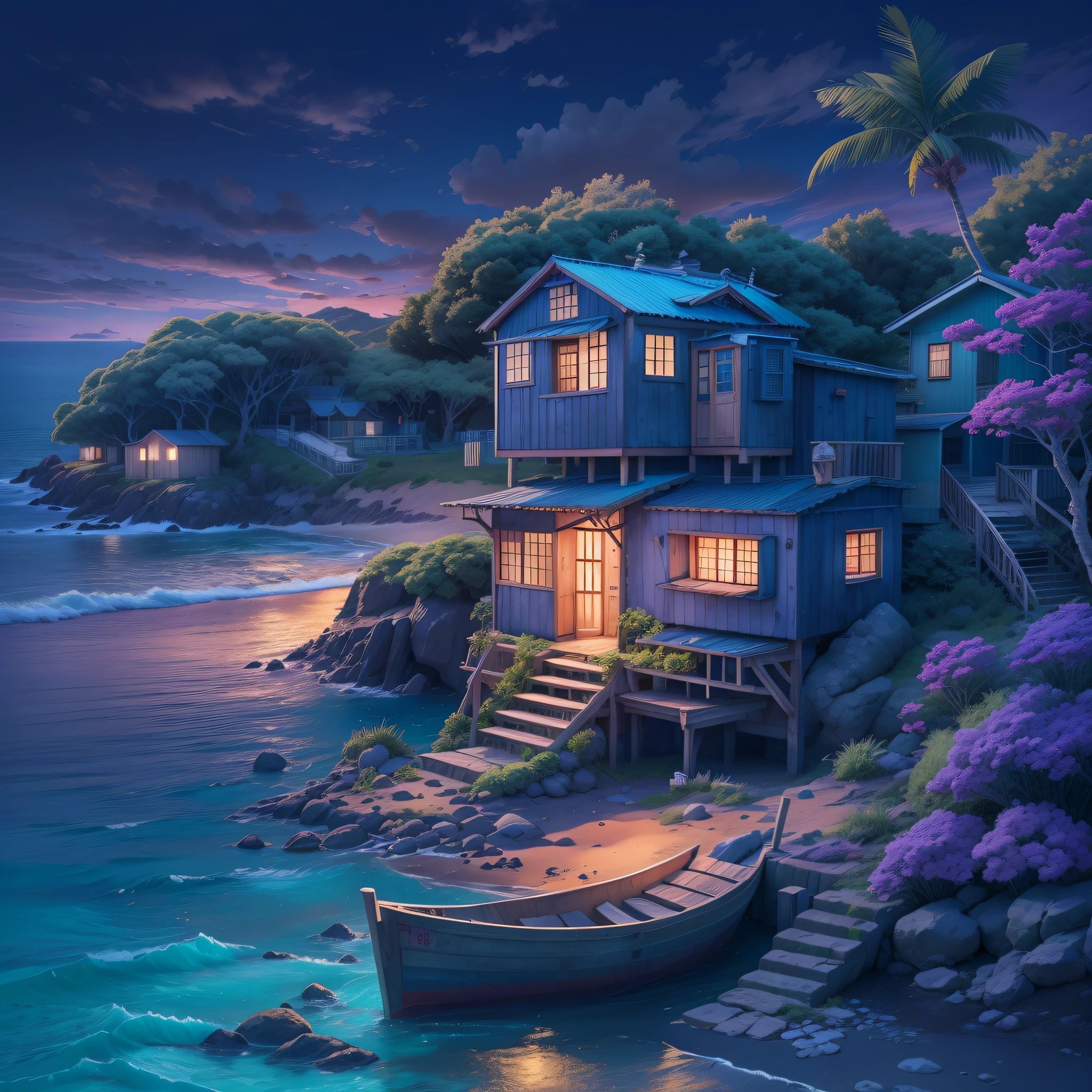 illustration, uma pequena casa na ilha rodeada de coqueiros, fundo da imagem um mar com agua azul, peixes na agua, a purple sky, efeito de luz neon roxo