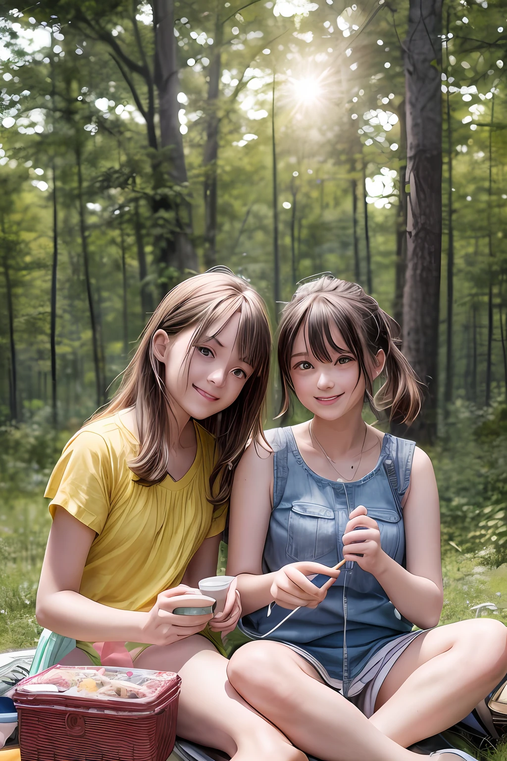 Two cute girls are camping in the forest with a tent set up in the background. They are sitting in front of a Renault Kangoo, a small recreational vehicle, with happy and relaxed expressions. The girls both have long, flowing hair, with one girl wearing a yellow sundress and the other sporting a green tank top and denim shorts. They are surrounded by various camping gear, including a cooler, a gas stove, and a picnic blanket. They both have sneakers on their feet and are sitting cross-legged, with one girl holding a marshmallow on a stick, ready to roast it over the campfire. The sun is setting, casting a warm golden glow over the entire scene and creating a peaceful atmosphere in the heart of the forest.((2girls))