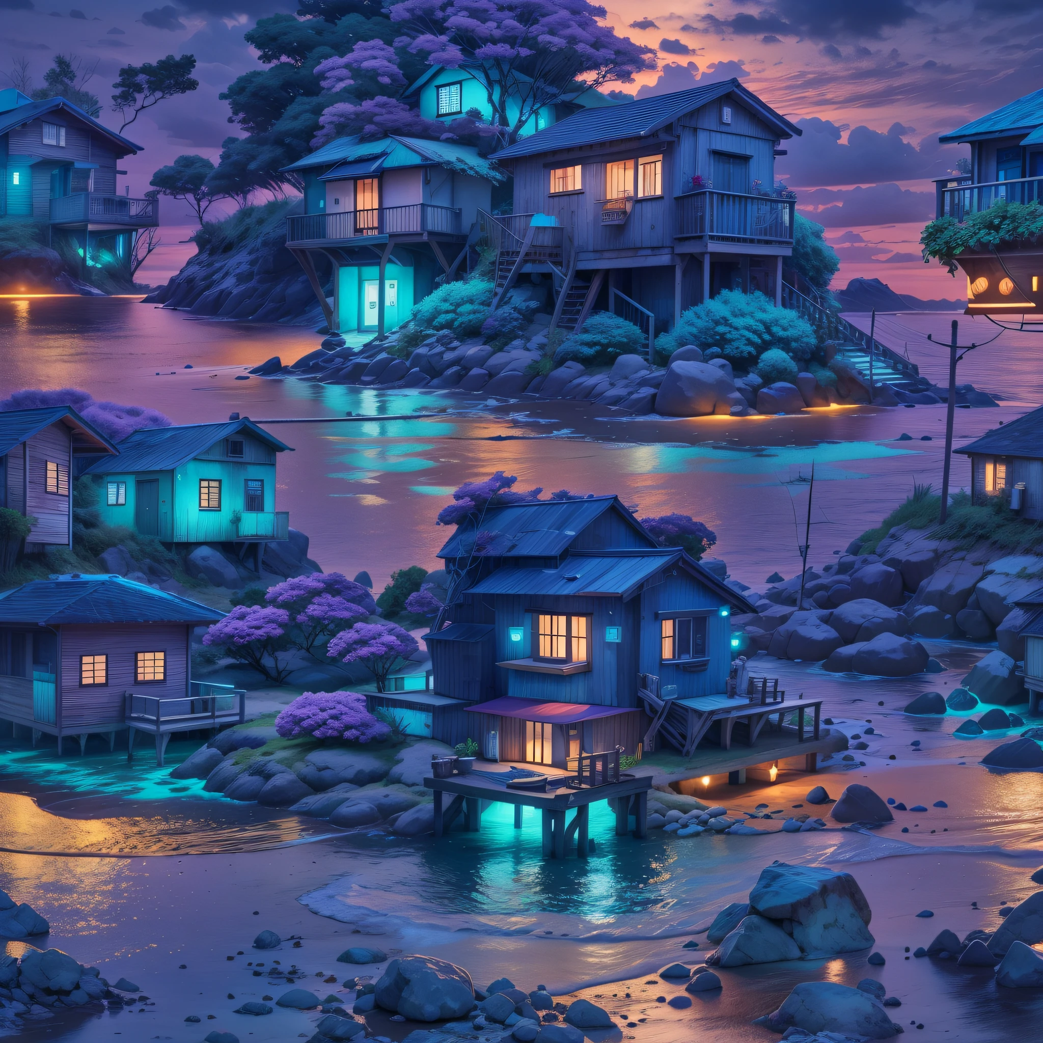 illustration, uma pequena casa na ilha rodeada de coqueiros, fundo da imagem um mar com agua azul, peixes na agua, a purple sky, efeito de luz neon roxo