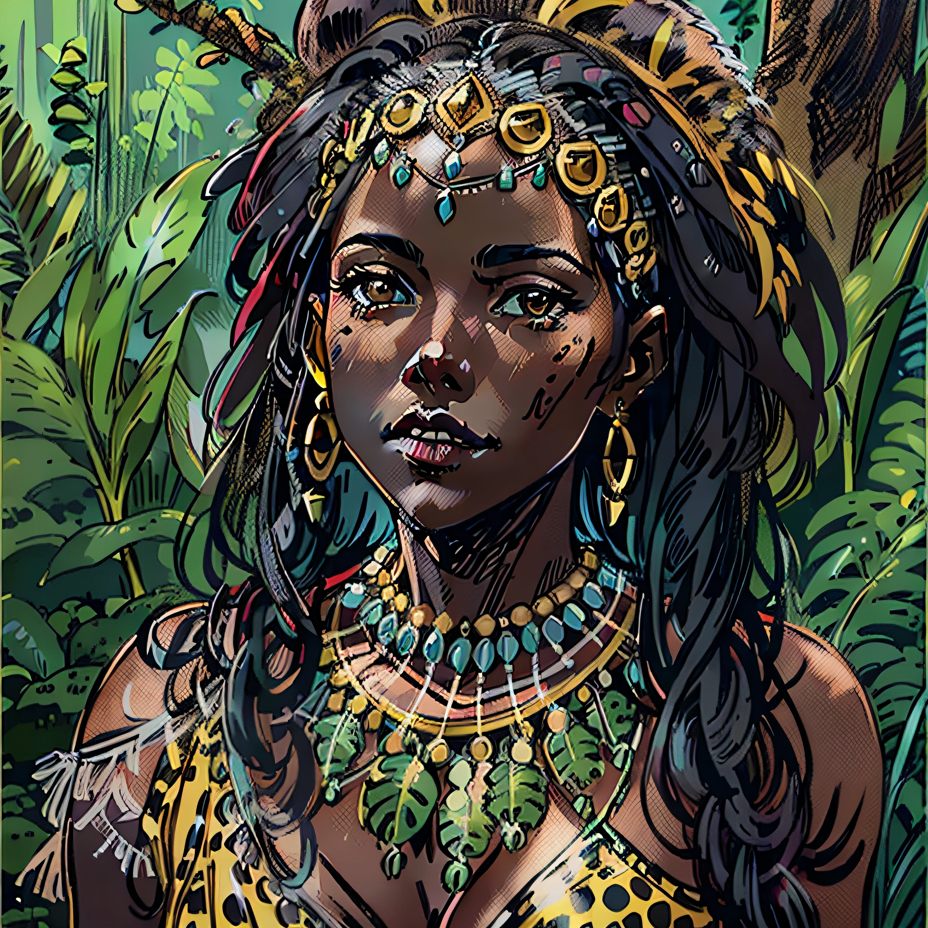 Lupita Nyong'o look a like, jungle queen, animal print clothes, rpg character, medieval fantasy, close up portrait, sexy, female, very dark skin, black women
