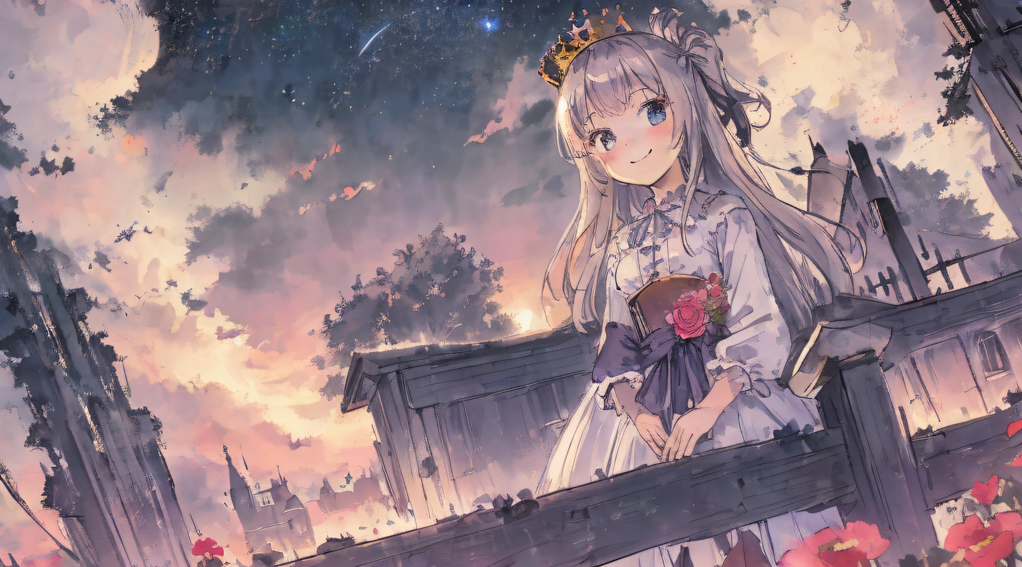 best quality, high_resolution, distinct_image, detailed background ,girl, random wear,flower, night sky,dutch angle, wide shot,shy smile, crown,