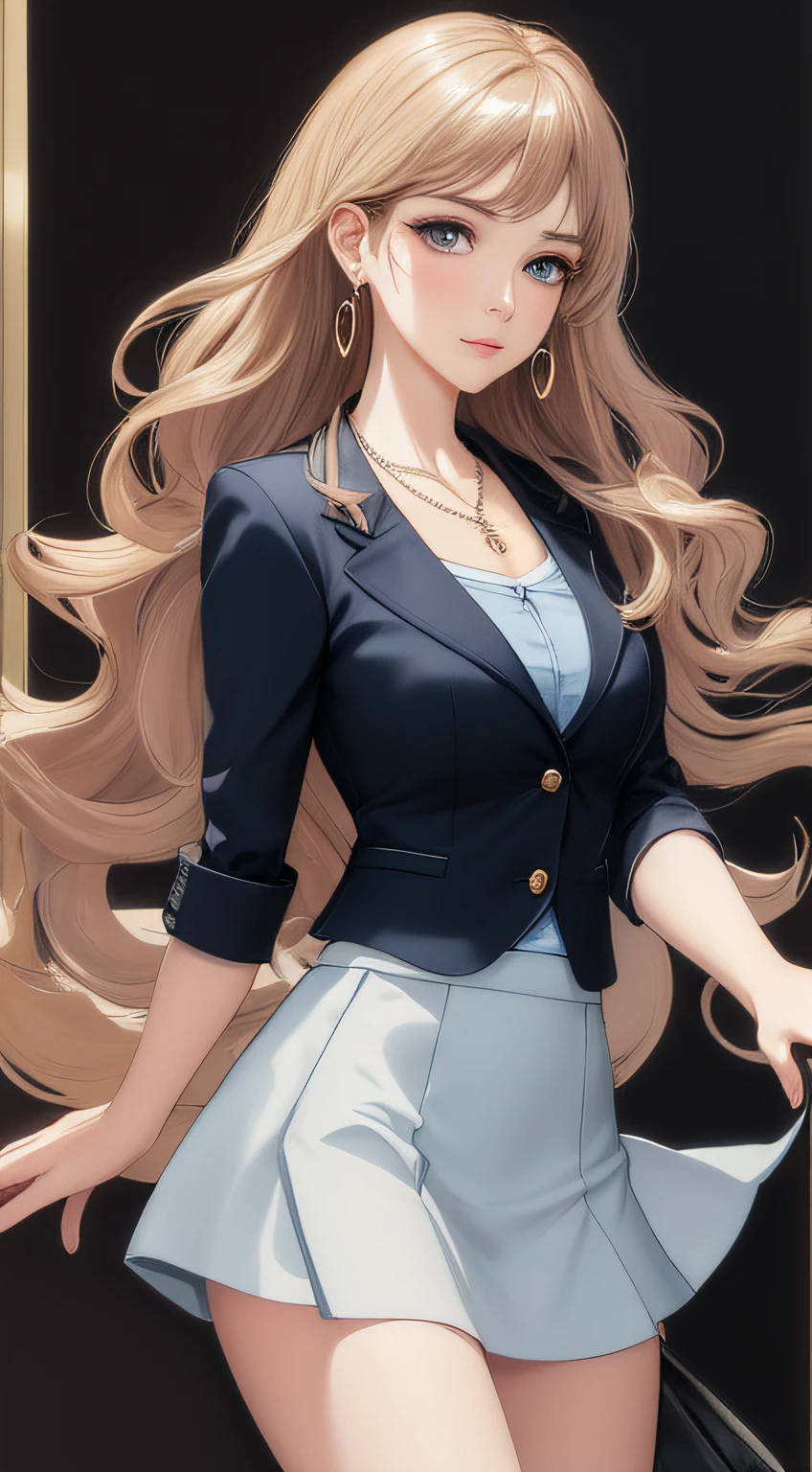 masterpiece,best quality,official art,extremely detailed CG unity 8k wallpaper,Workplace women,Medium breast,((Business attire)),(short skirt),Girl's Charming Face,high nose,(Face Alignment),a fair complexion,Oval Face,almond eye,bright eyes,Beautiful detail eyes,deep eye socket,Delicate hand depiction,Exquisite hairstyle,messy hair,supple hair,closed lip,Necklace,Drop earrings,wavy hair,
