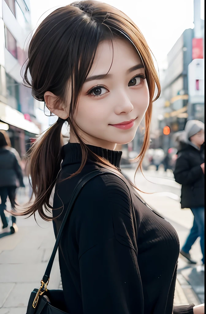 studio lights、depth of fields、The upper part of the body、A slender、cute  face、A smile、Beautiful detail eyes、Japan 30 years old、cute little、Twin tails in warm black color,、plaza、rcasual、