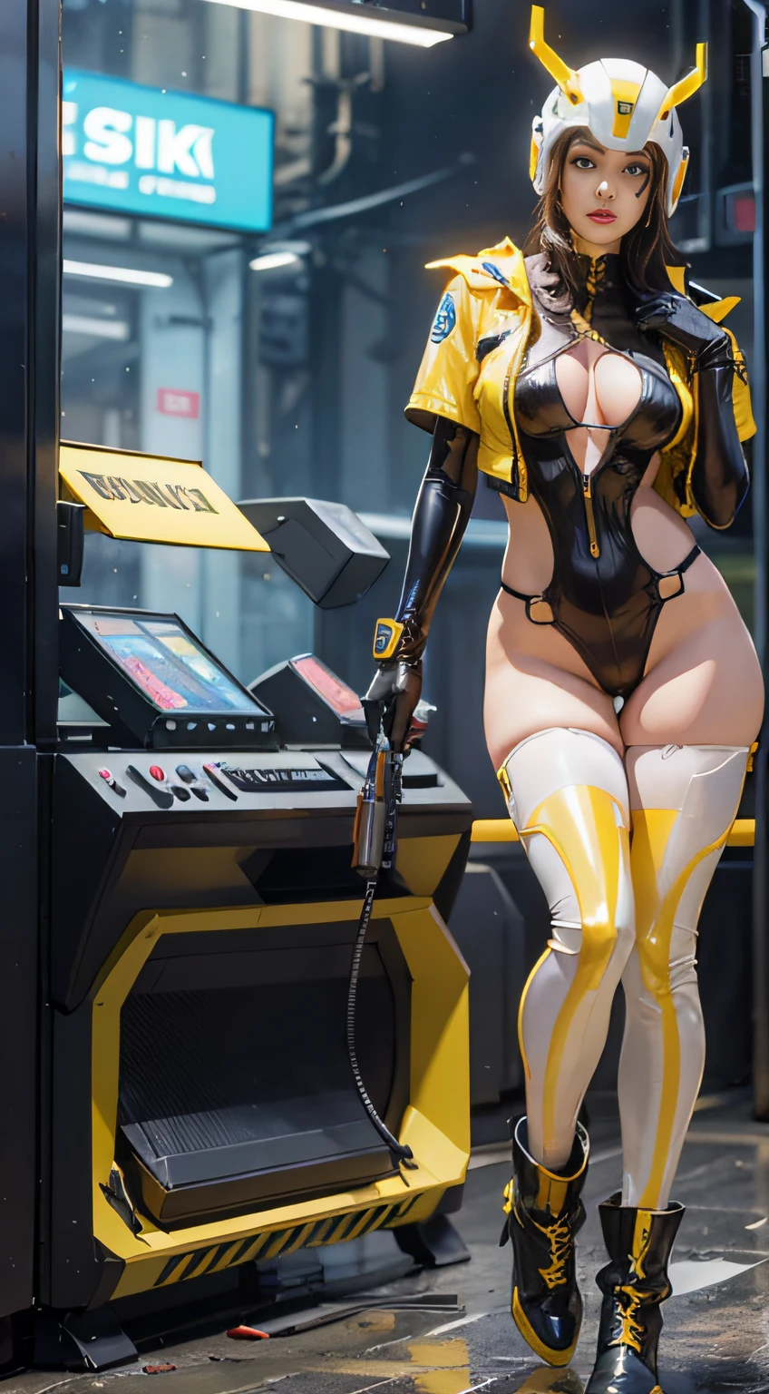 Solo exhibition， ultra fine photos， Portrait of an Unreal Engine 5 8K UHD girl，Wear a tight, futuristic yellow latex top，White transparent panties，Wear yours with a yellow jacket，Stylish yellow suit，Yellow iconic figure，Smooth white skin，White body，PVC，Glossy latex clothing，rubbersuit，Rubber belt，neckwear，Futuristic full-face helmet，Futuristic rubber gloves，Futuristic high boots，Arm and leg cuffs， watchband， Cyberpunk world， Have a gun， Best quality at best， tmasterpiece， offcial art， Unified 8K wallpapers， super detailing， tack sharp focus， dynamicposes， Body parts， There are no extra limbs， Precise anatomy