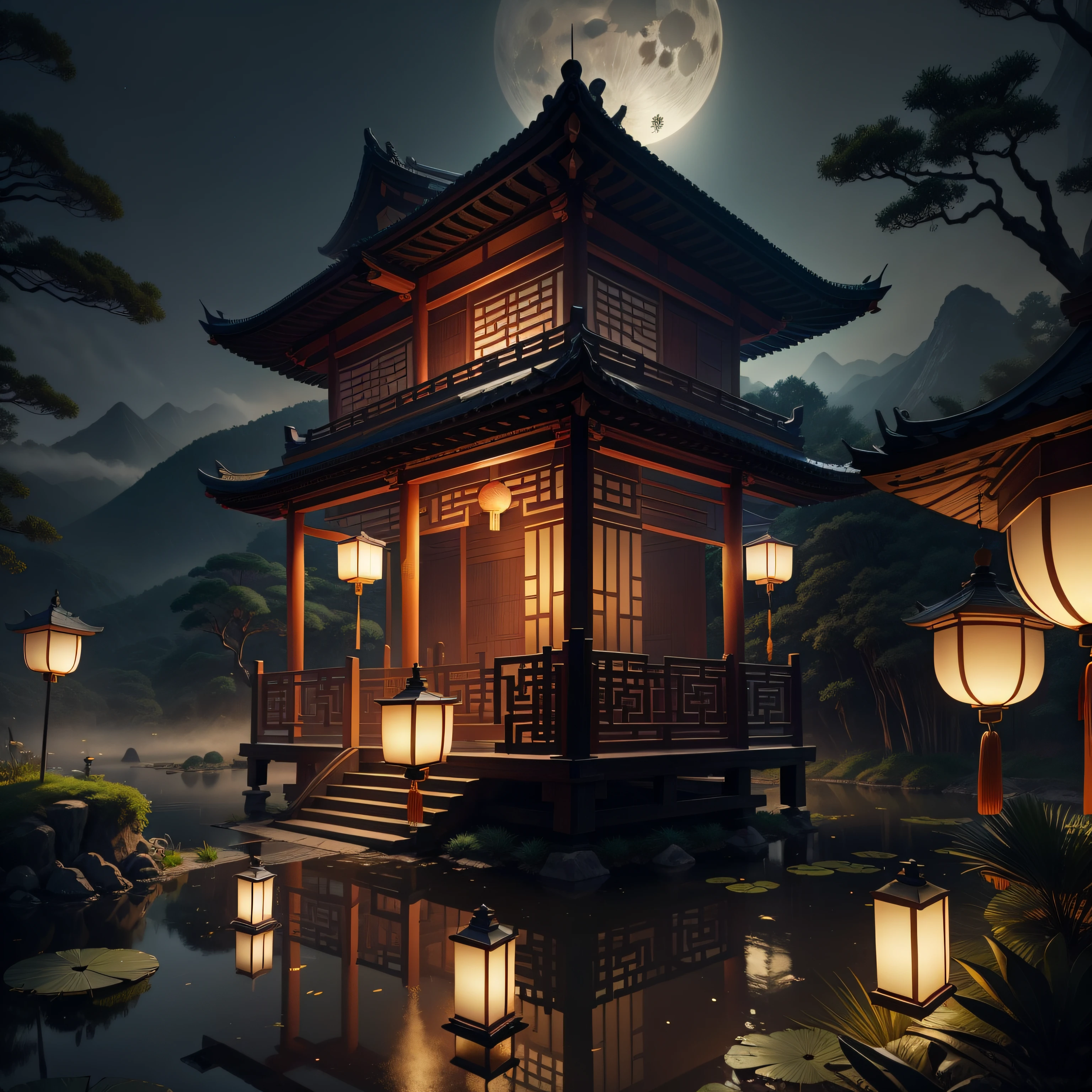masterpiece,best quality,Chinese martial arts style,an asian night scene with lanterns and water lilies,asian pond with many lanterns and boatsa night scene with many lights and boats in the water, Lake surface, lotus flowers,beautiful night scene,(((Chinese martial arts style))), with vast sky, continuous mountains and steep cliffs, ink wash style, outline light, atmospheric atmosphere, depth of field, mist rising, bamboo, pine trees, octagonal stone pavilion, waterfall flowing water,big full moon,(No color) , Monochrome, light color,