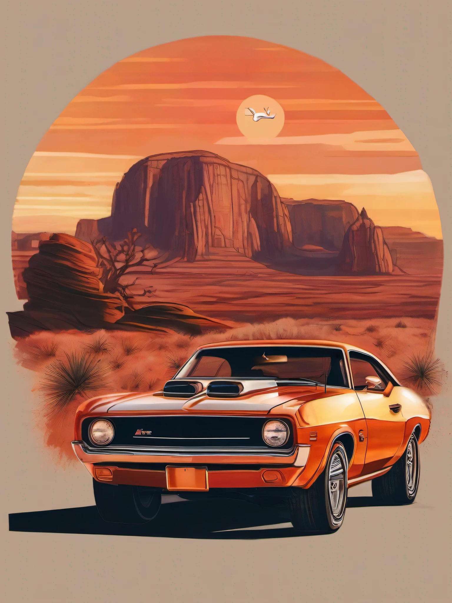 desenho circular, an artist's rendering of a vintage muscle car for a T-shirt print, o carro estacionado em uma estrada deserta desolada, surrounded by towering red rock formations, a scorching sunset sky casting an amber glow, capturando a beleza robusta do carro e a postura poderosa, Aquarela sobre papel texturizado