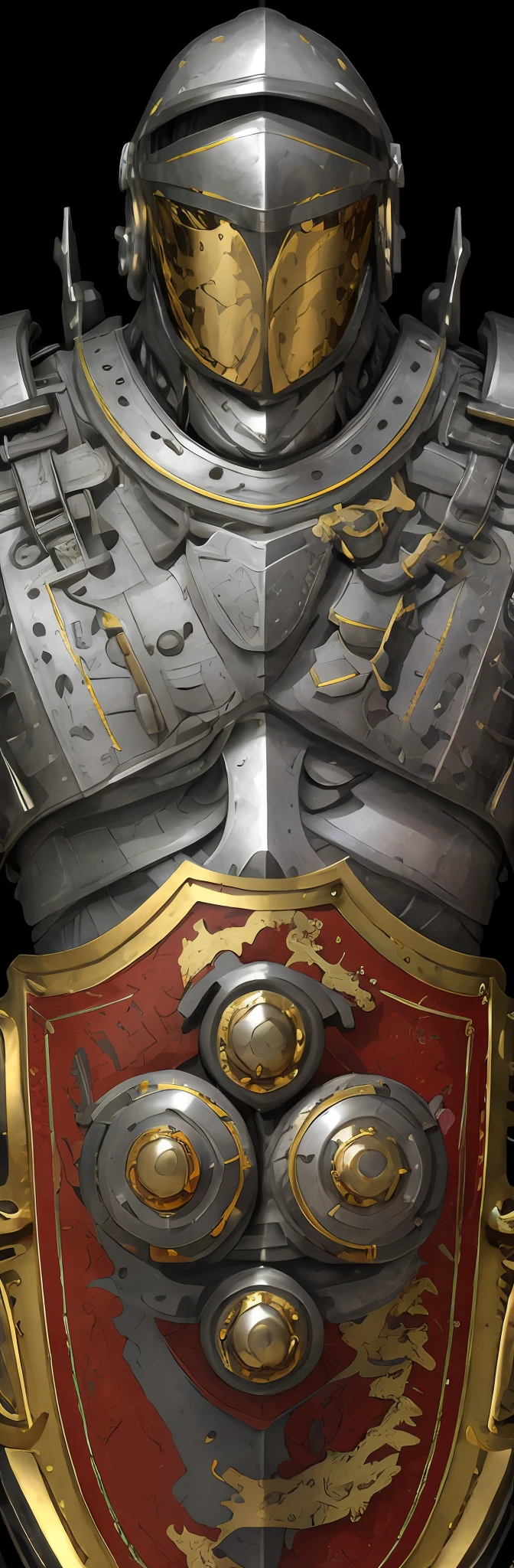 Close up of gold and silver shield on red background,Silver, gold, Heavy armor,gold and steel intricate,silver gold fractal details,High detail official artwork,minimal,Huge and delicate,gold heavy armor。Dramatic,Intricate metal armor,Barbed metal armor,angular metal armor,8K details,Heavy platinum armor。