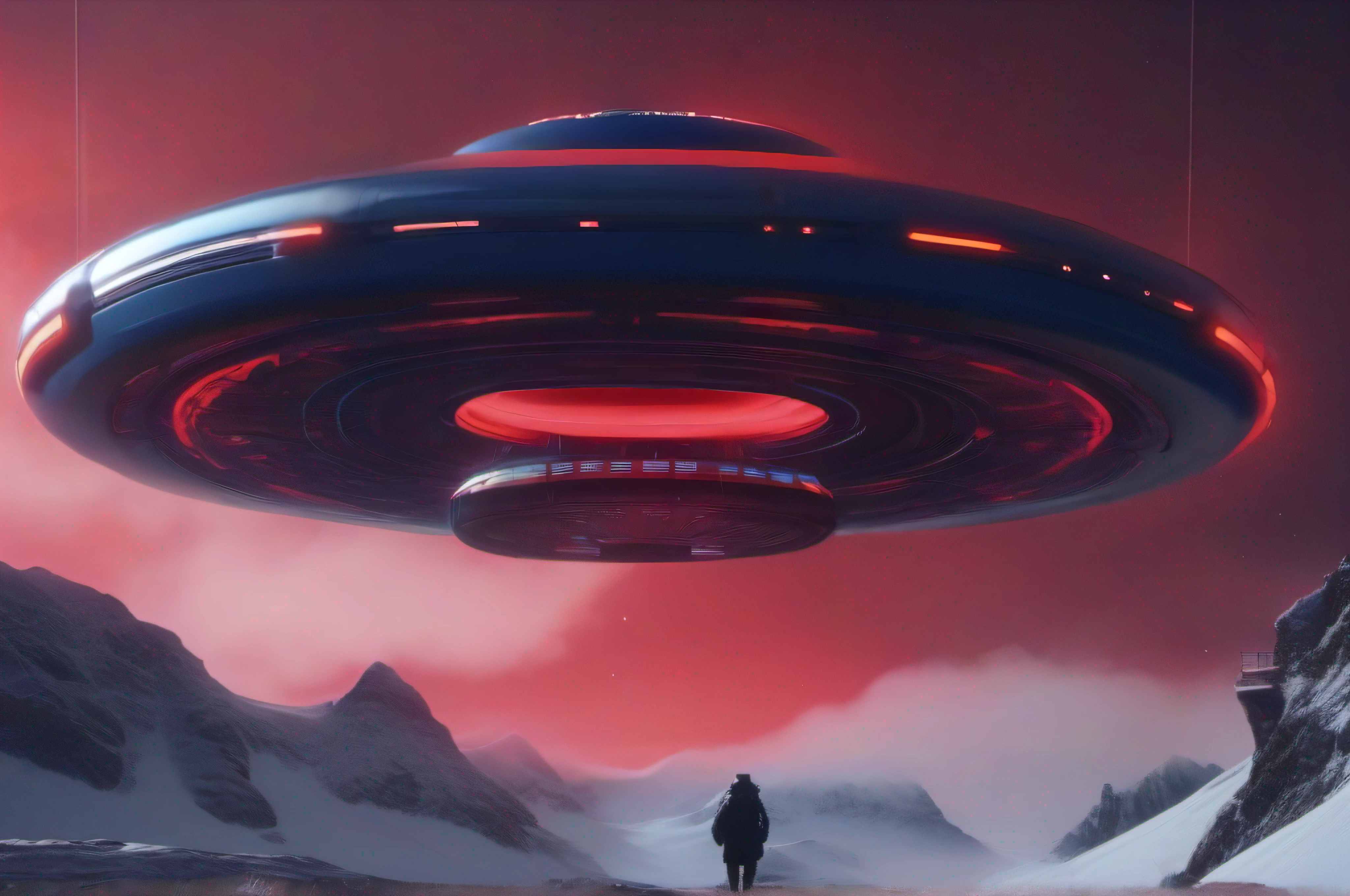 ufo hovers on hovering cloud surface, in the style of neon realism, rendered in cinema4d, frostpunk, dark navy and red, detailed character illustrations, eerily realistic, 1970–present