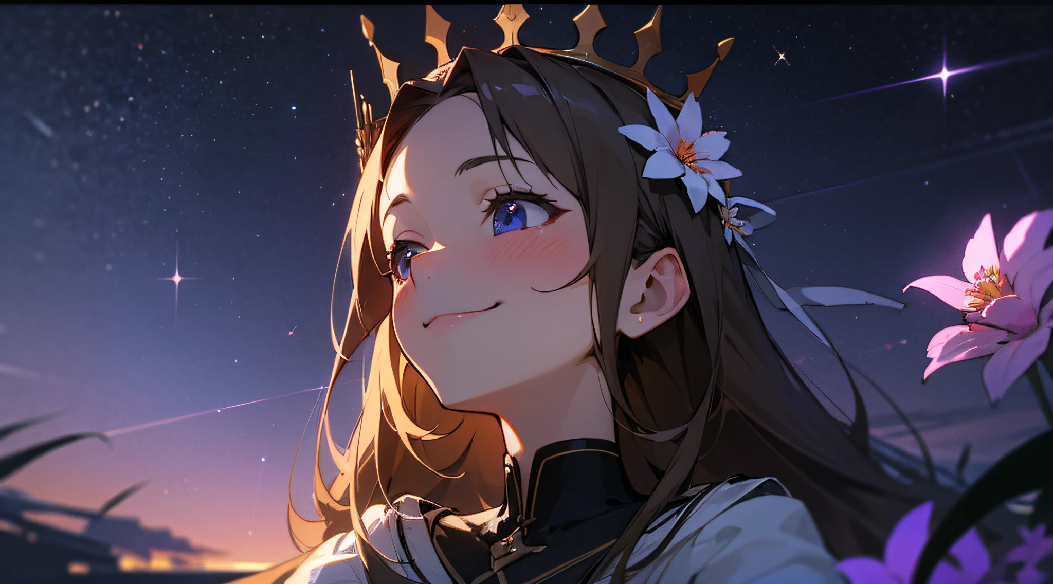 best quality, high_resolution, distinct_image, detailed background ,girl, random wear,flower, night sky,dutch angle, wide shot,shy smile, crown,
