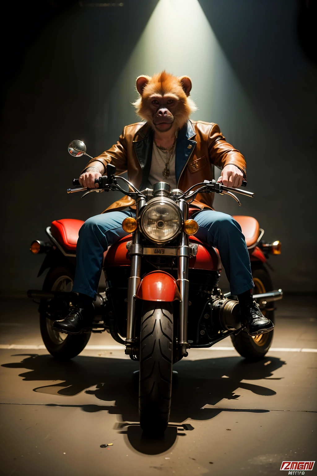 Masterpiece, (ultradetailed), (Animal anthropomorphism), gangster theme, monkey, jacket,red hair. riding a motorcycle in dim lighting, tattoos, machine gun, smoke, shadows, corrupt cityscape, highest quality, solo focus, (skimpy:1.04), muscular man, full body, intricate (high detail:1.1)