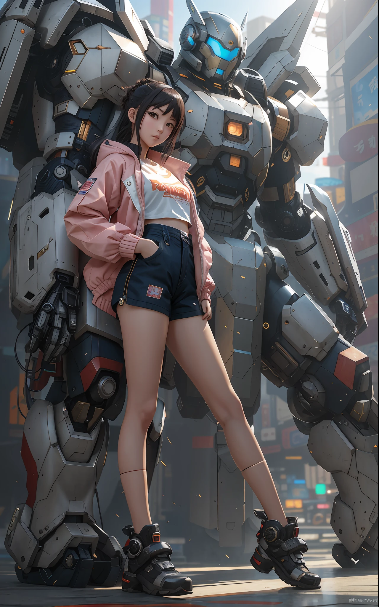 Anime girl in shorts and jacket standing next to giant robot,Guweiz style artwork,Cyberpunk anime girl mecha,Trends on CGiStations,guweiz,Russell Dongjun Lu,digital cyberpunk anime art,ross tran 8 k,Guweiz on ArtStation Pixiv ,Mecha network armor girl,The girl image is the image of a girl from Gansu, China