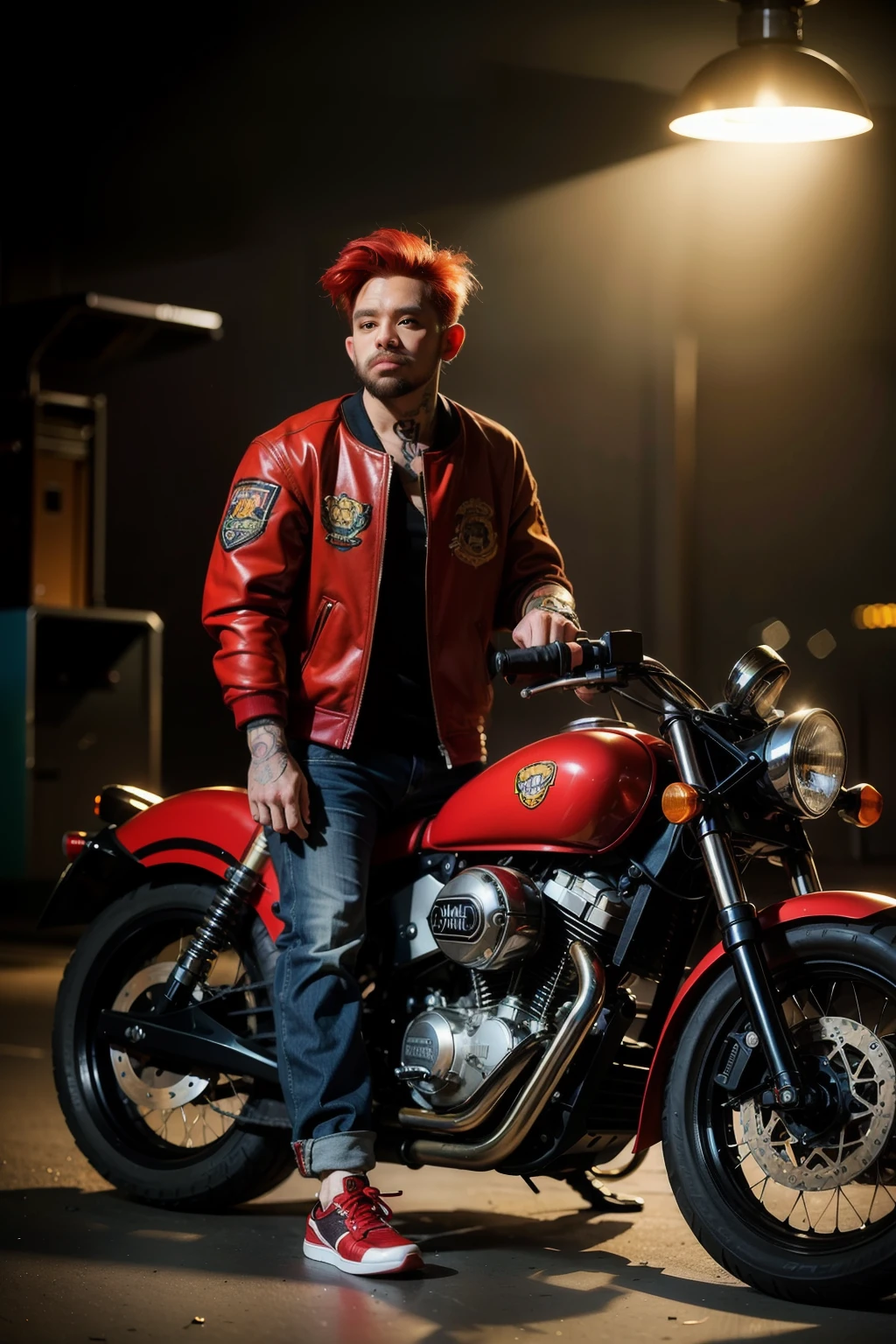 Masterpiece, (ultradetailed), (Animal anthropomorphism), gangster theme, monkey, jacket,red hair. riding a motorcycle in dim lighting, tattoos, machine gun, smoke, shadows, corrupt cityscape, highest quality, solo focus, (skimpy:1.04), muscular man, full body, intricate (high detail:1.1)
