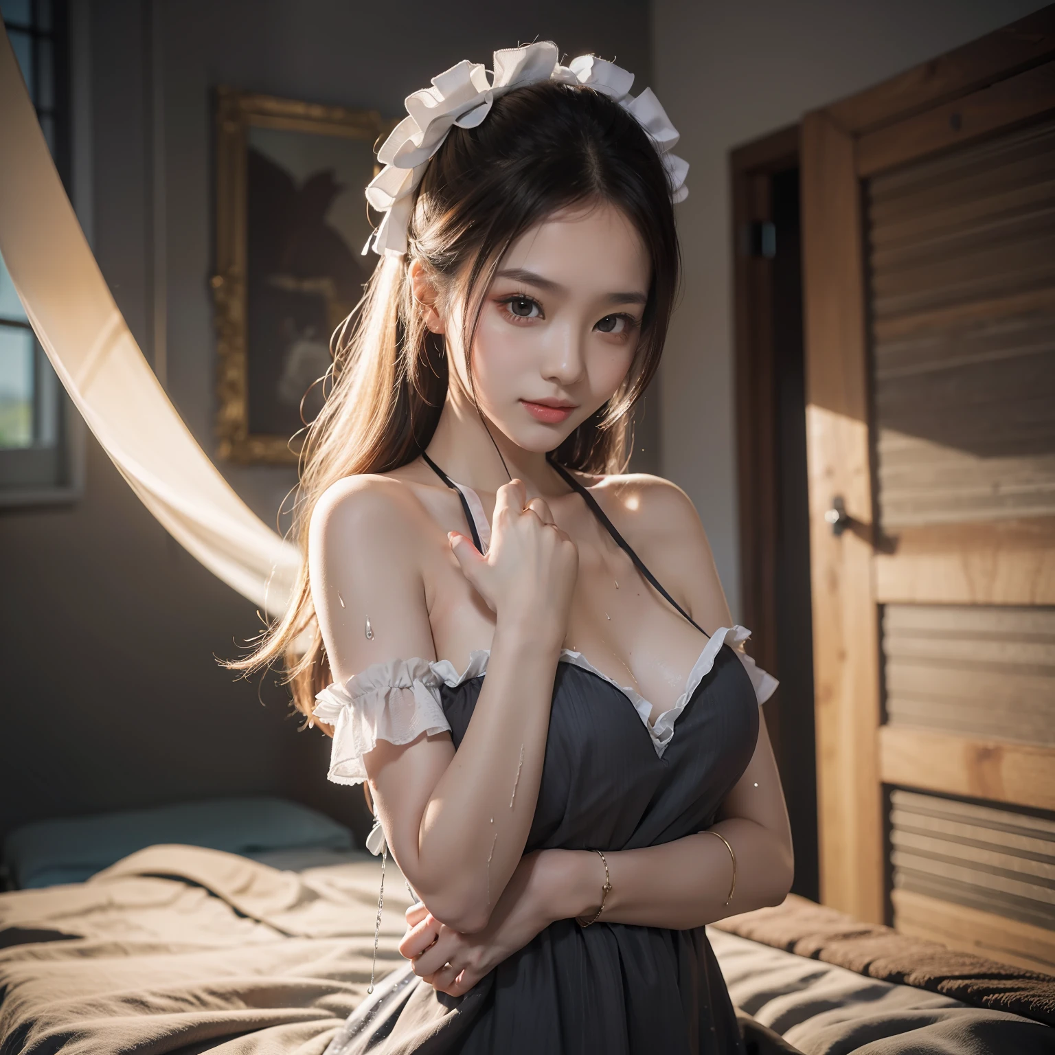 best qualtiy，tmasterpiece，超高分辨率，（真实感：1.4），Seductive eyes，friedly smile，RAW photogr，1girl，cropped shoulders，in the darkness nigth，deep shading，low tune，cold light，The skin texture is clearly visible，ta style，The entire face is illuminated，Cinematic light，body soaking wet。