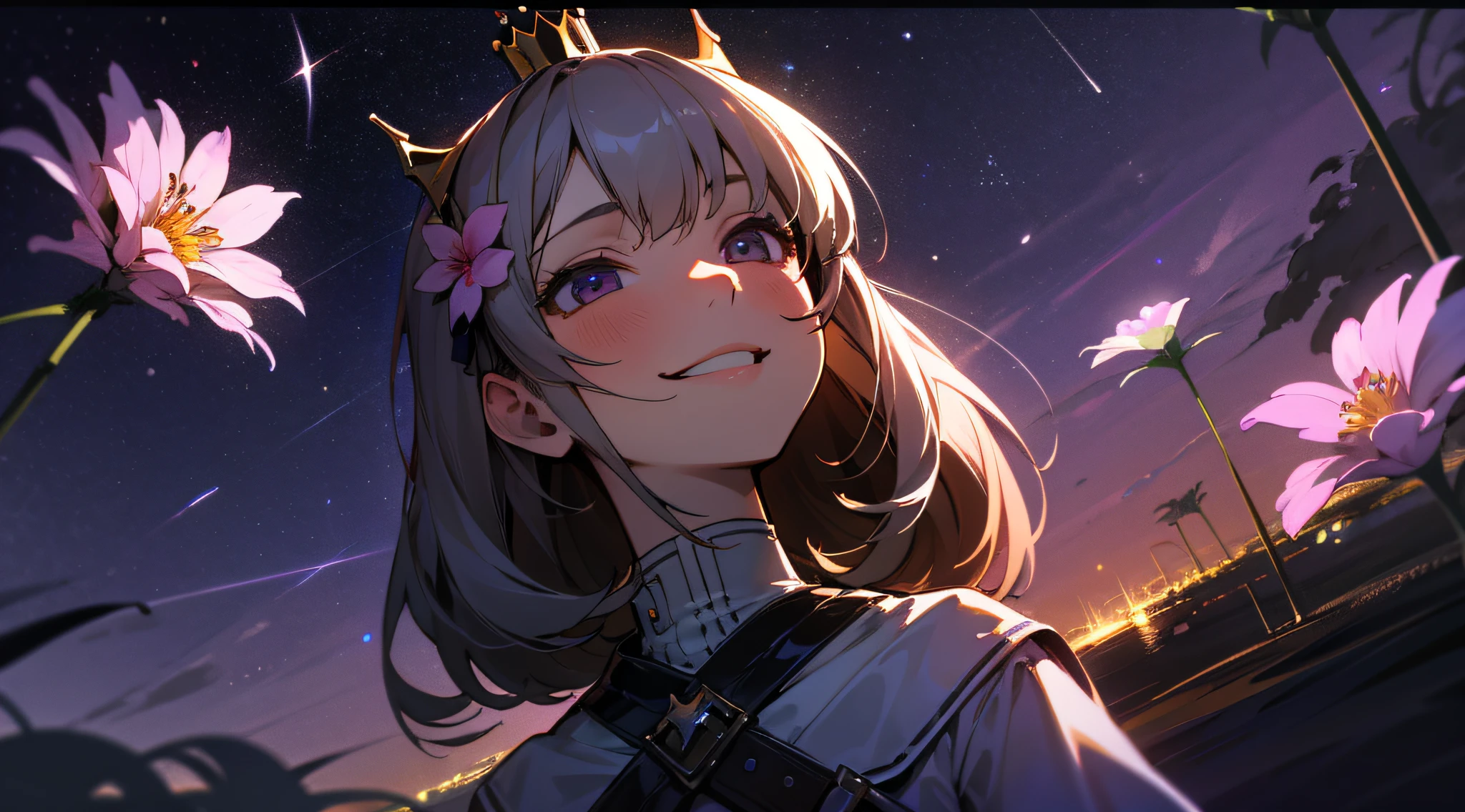 best quality, high_resolution, distinct_image, detailed background ,girl, random wear,flower, night sky,dutch angle, wide shot,shy smile, crown,