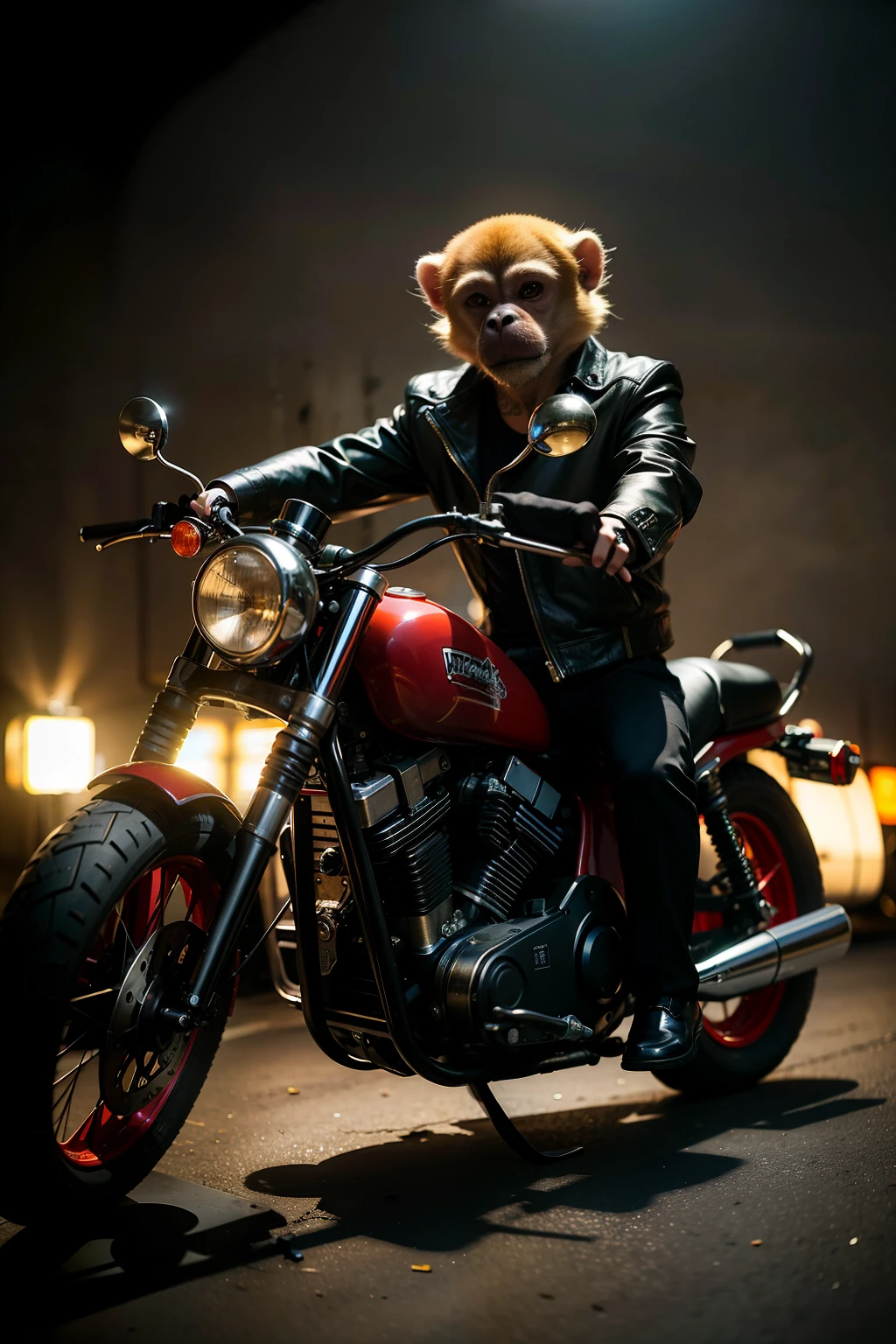 Masterpiece, (ultradetailed), (Animal anthropomorphism), gangster theme, monkey, jacket,red hair. riding a motorcycle in dim lighting, tattoos, machine gun, smoke, shadows, corrupt cityscape, highest quality, solo focus, (skimpy:1.04), muscular man, full body, intricate (high detail:1.1)