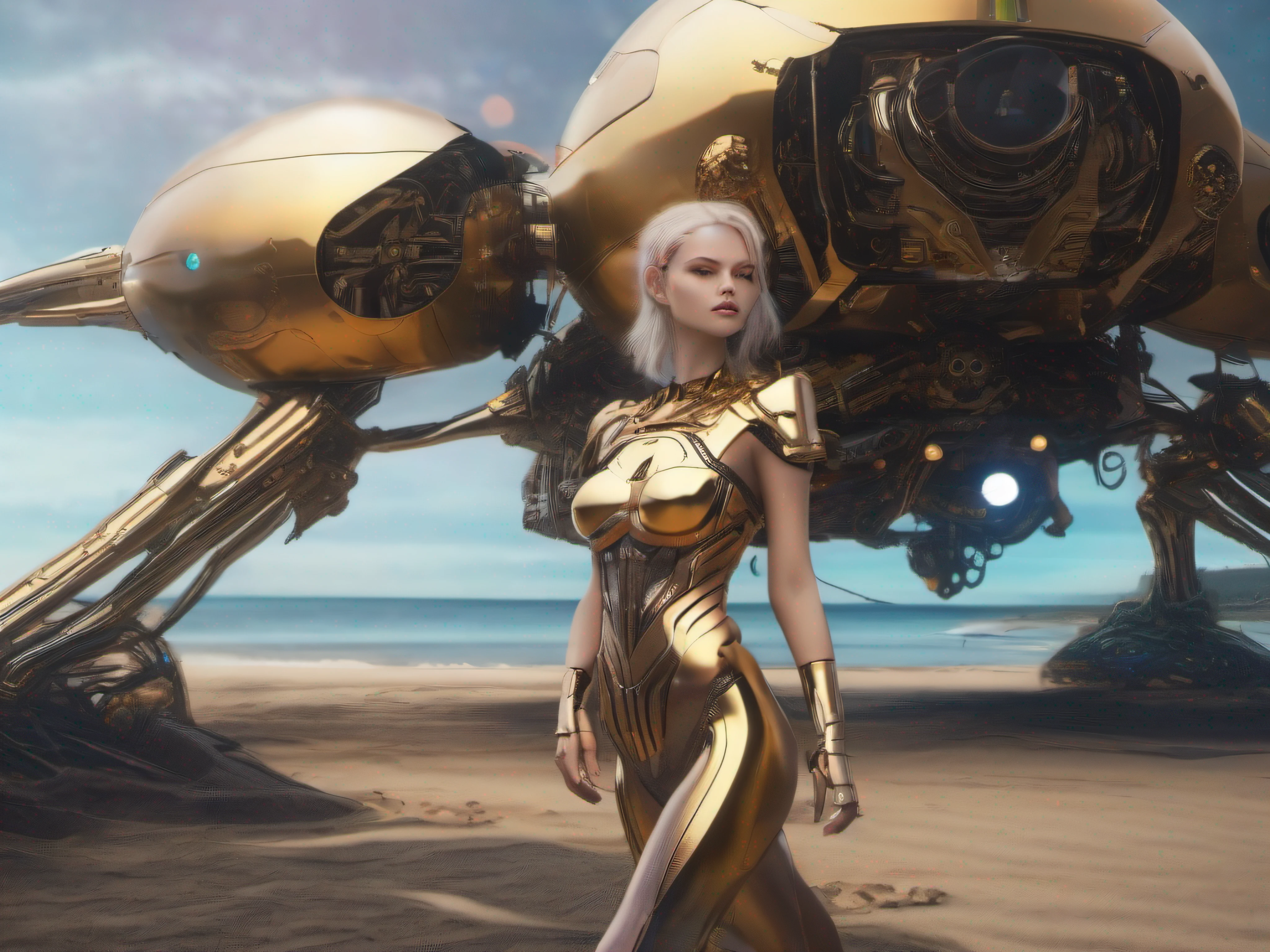 Best quality, delicate face, 25-year-old girl, slim body, mechanical body, golden body, glass textured body, robot skeleton, seaside, standing pose, beach, there are huge alien spaceships floating in the air, cyberpunk, sci-fi