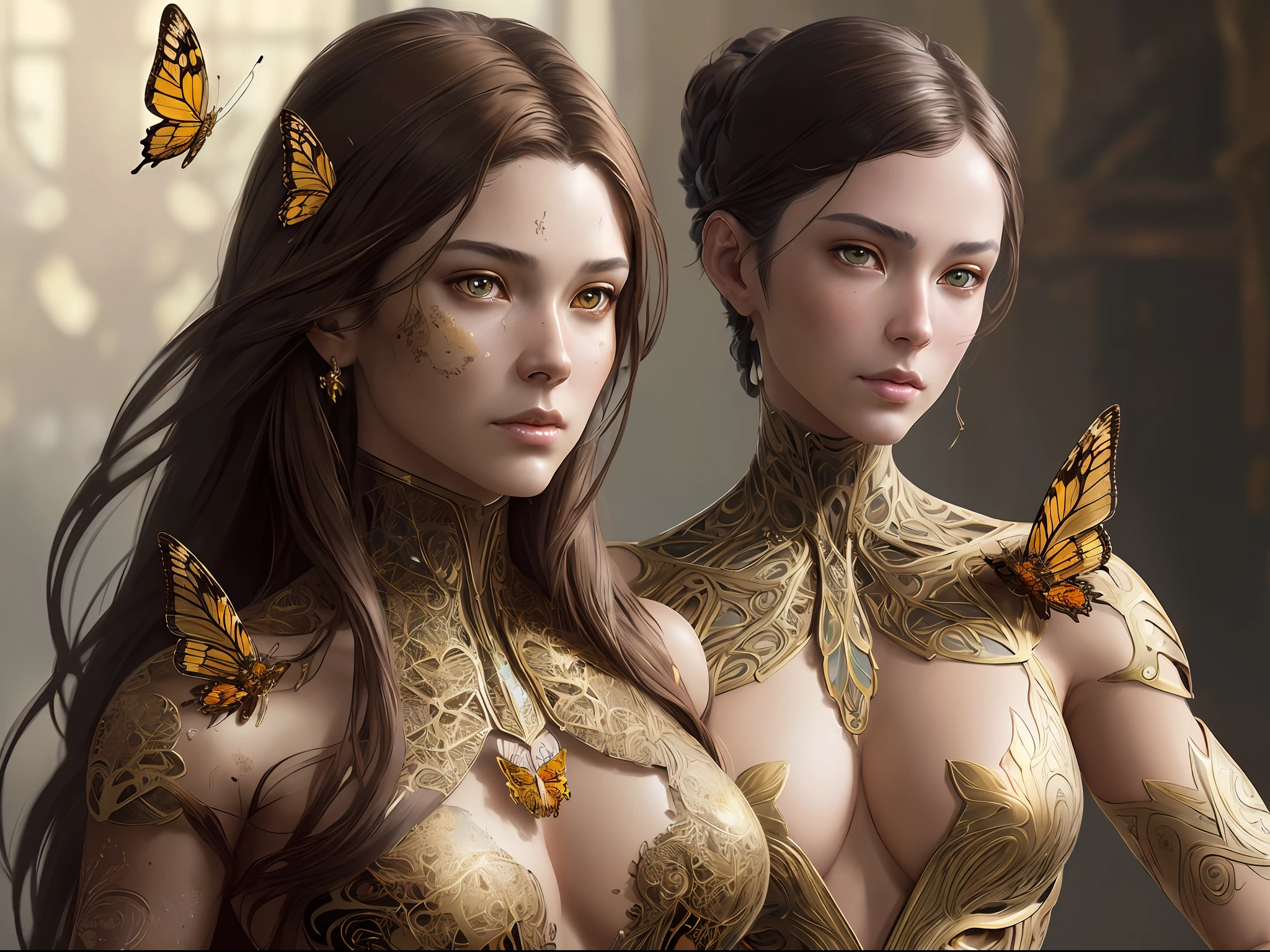 8k portrait of beautiful cyborg with brown hair, intricate, elegant, highly detailed, majestic, digital photography, art by artgerm and ruan jia and greg rutkowski surreal painting gold butterfly filigree, broken glass, (masterpiece, sidelighting, finely detailed beautiful eyes: 1.2), hdr,