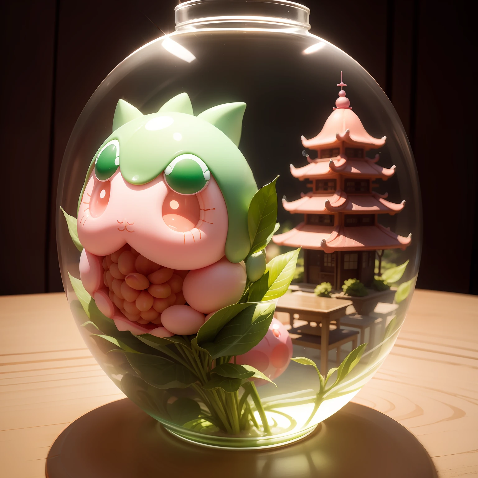 ​masterpiece,A hyper-realistic,There is a peach-shaped yokai in a transparent capsule,Cute and beautiful,Pink and green formations,Background on a coffee shop table,There is a silver spoon