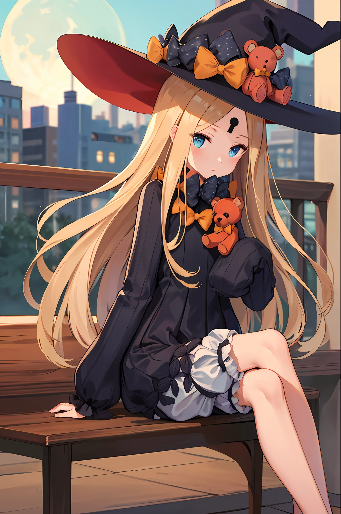 masterpiece, best quality, highres, hmaw1, long hair, hat, black dress, long sleeve, witch hat, black sleeves, white bloomers, sitting, balcony, city background, standing, holding teddy bear, teddy bear, stuffed animal, moon,