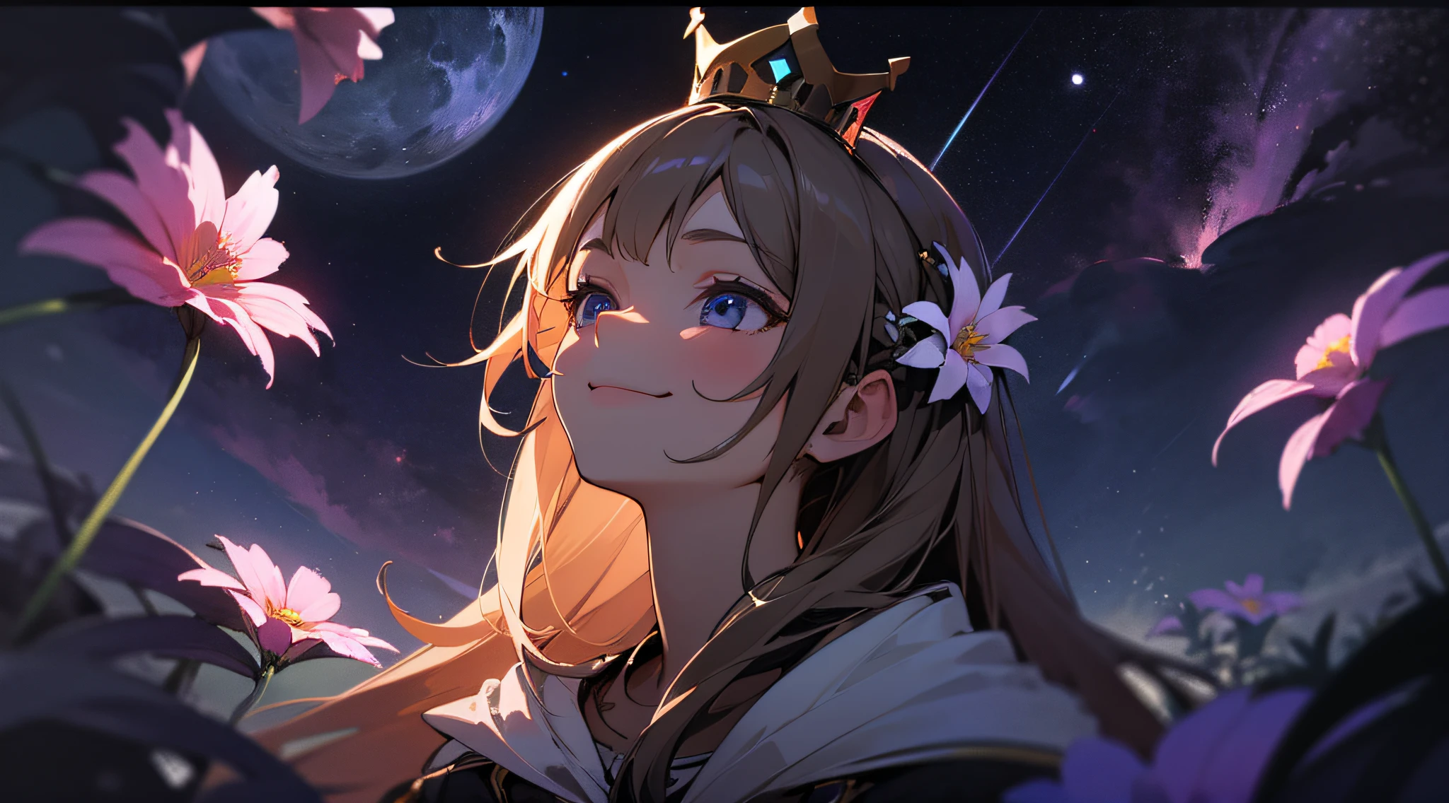 best quality, high_resolution, distinct_image, detailed background ,girl, random wear,flower, night sky,dutch angle, wide shot,shy smile, crown,