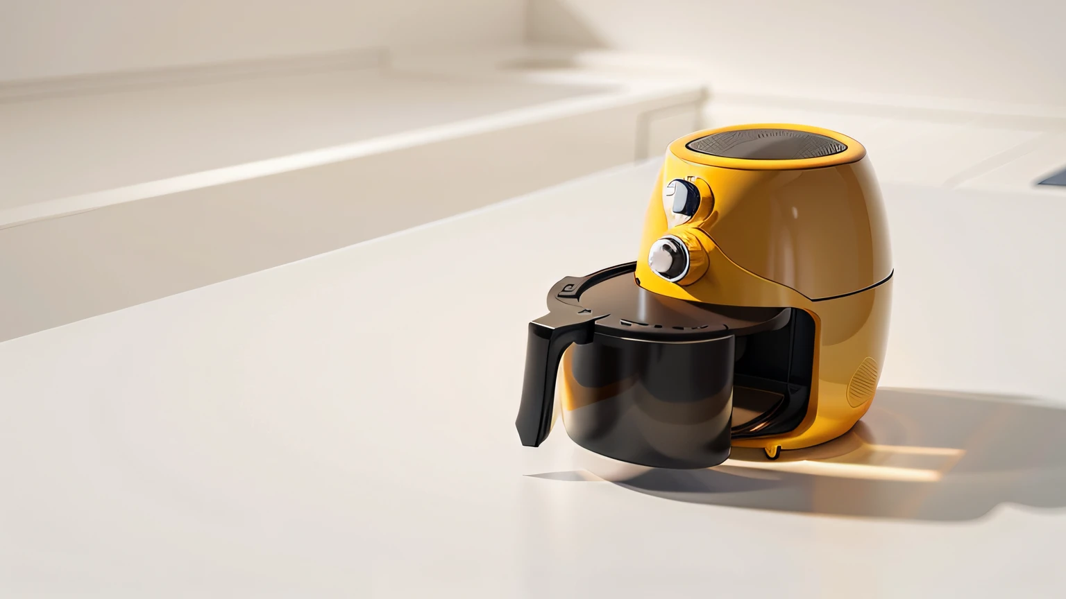Air fryer placed on a marble table,Top-down view,Yellow wood style kitchen,(kitchens:1.5),Wooden cabinets , Chiaroscuro, hyper HD, 8K, Best picture quality ,realisticlying,Foto realism,cupboard,Lens perspective blur,Bright lights,Realistic lighting