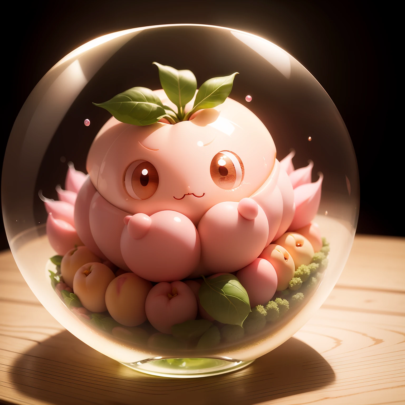 ​masterpiece,A hyper-realistic,There is a peach-shaped yokai in a transparent capsule,Cute and beautiful,Pink and green formations,Background on a coffee shop table,There is a silver spoon