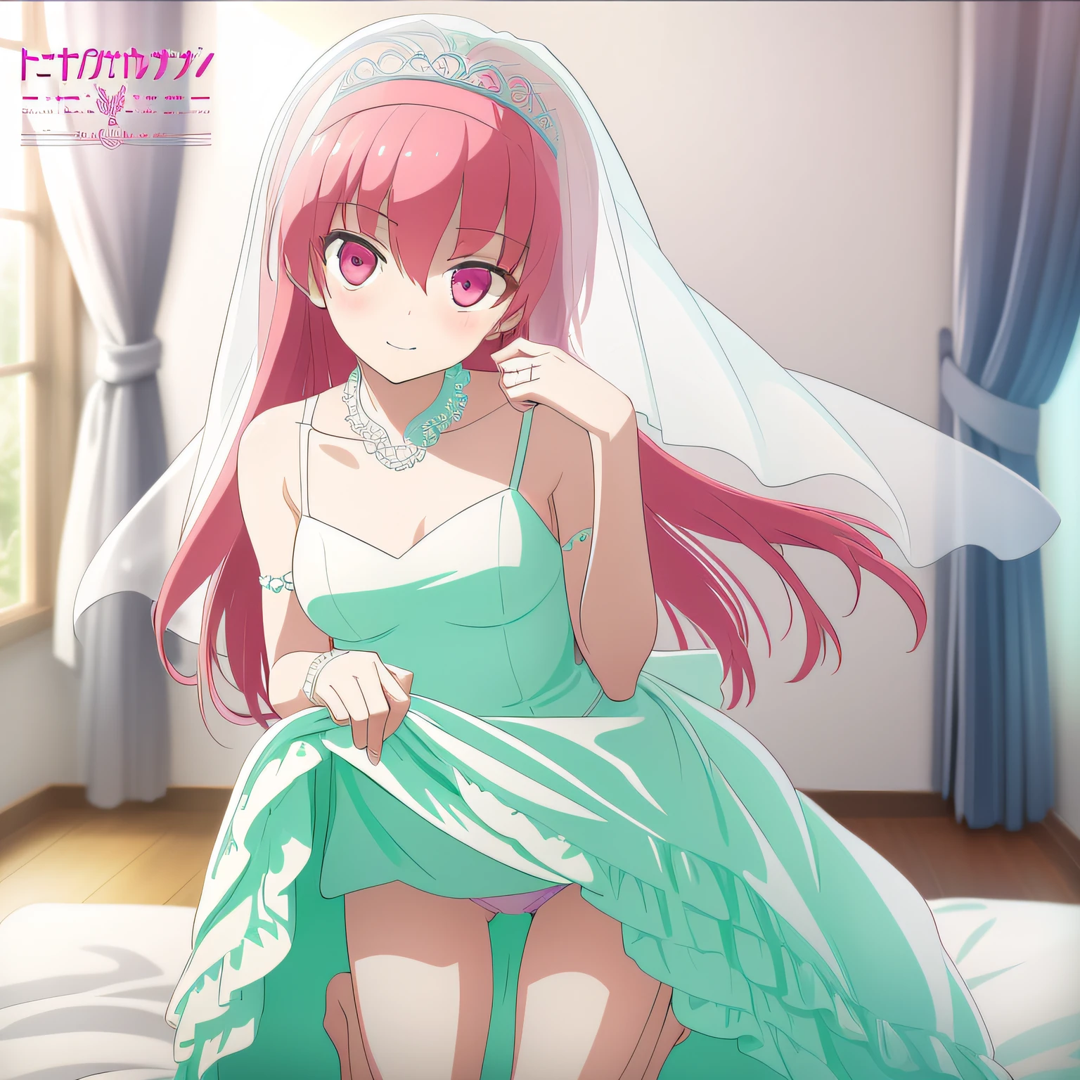 Bare shoulders, Bed, Breasts, Bridal veil, Closed mouth, clothes pull, Clothing, dress, Elbow gloves, Embarrassed, Female, frill dress, frilld, mitts, Gradient hair, headdress, Headwear, Long hair, view the viewer, Lying, Medium breasts, multicolored hair, , No bra, on top of the bed, Banzin, panty pull, pillow head, Pink eyes, Pink hair, Skirt, Skirt lift, skirt pull, Smile, Spread legs, underwear, Underwear pull, Undressing, light yarn, Wedding dress,
