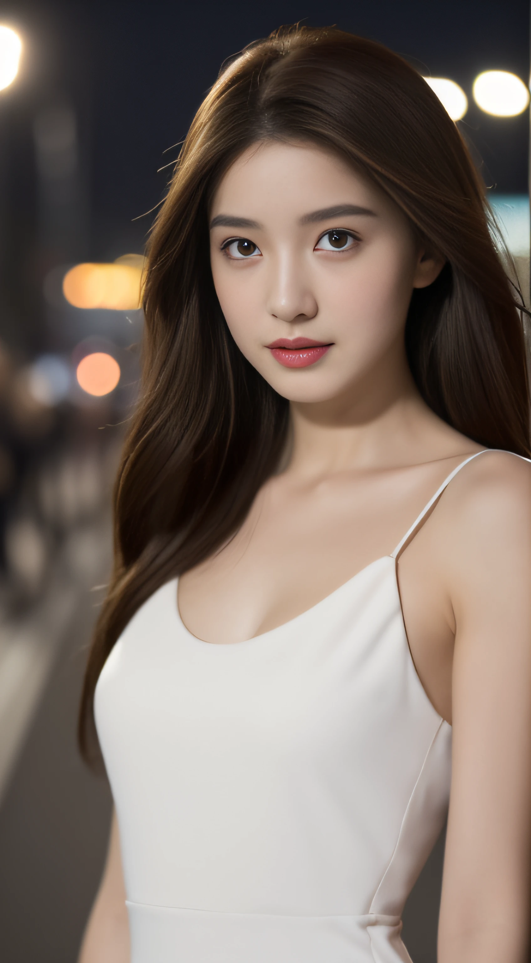 ((Realistic lighting, Best quality, 8K, Masterpiece: 1.3)), Focus: 1.2, 1girl, Perfect Figure: 1.4, Slim Abs: 1.1, ((Dark brown hair)), (White dress: 1.4), (Outdoor, Night: 1.1), City streets, Super fine face, Fine eyes, Double eyelids,