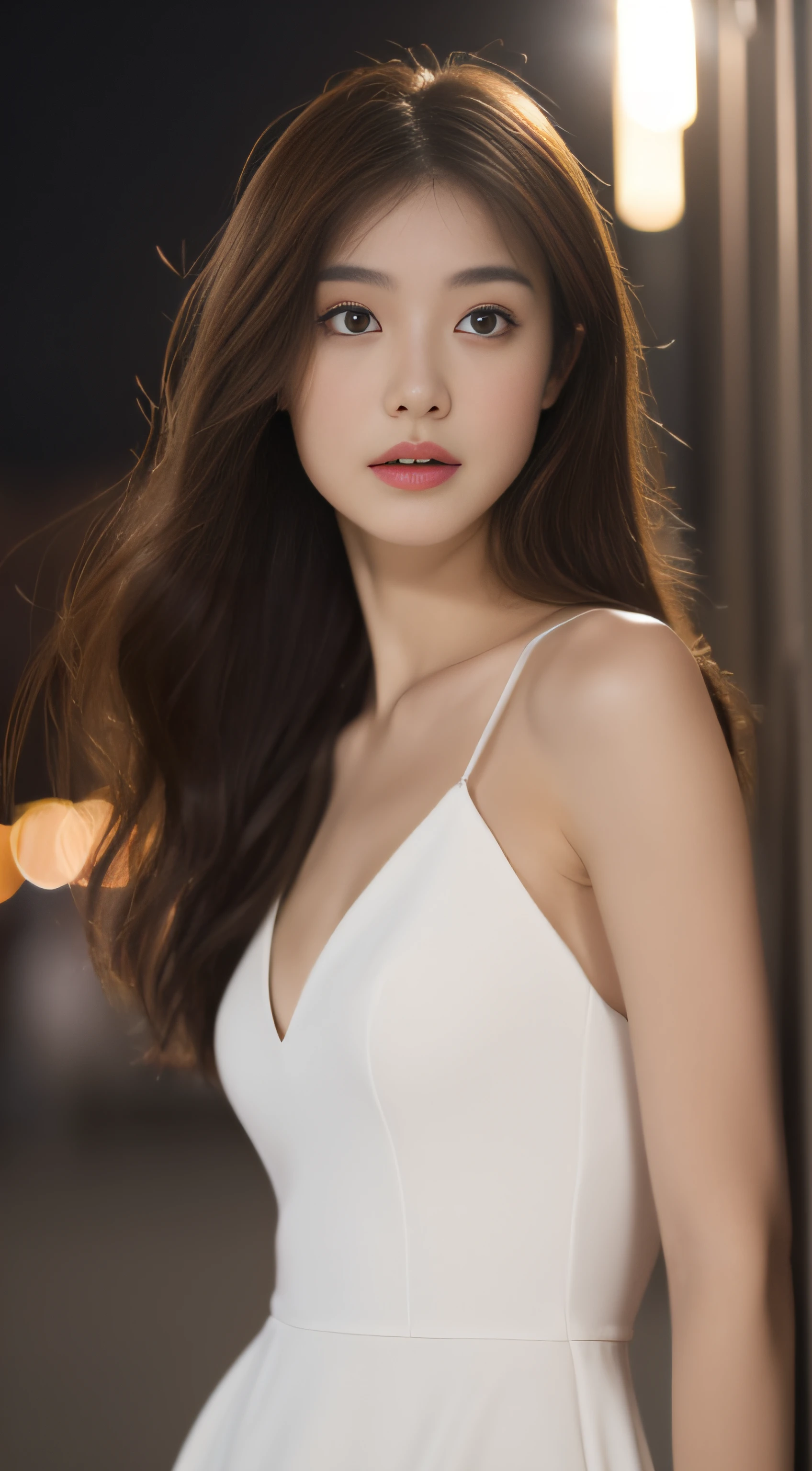 ((Realistic lighting, Best quality, 8K, Masterpiece: 1.3)), Focus: 1.2, 1girl, Perfect Figure: 1.4, Slim Abs: 1.1, ((Dark brown hair)), (White dress: 1.4), (Outdoor, Night: 1.1), City streets, Super fine face, Fine eyes, Double eyelids,