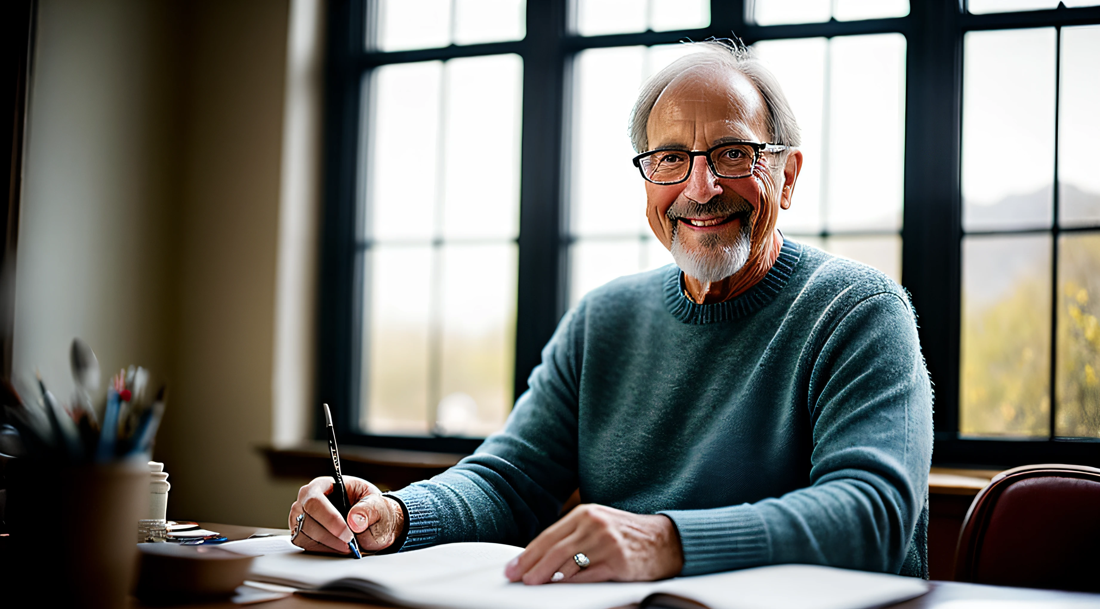 One guy,Um homem de 60 anos,wearing sweater,wears glasses,Have a beard,Slightly thinner,Kind smile,The upper part of the body,Sit at the desk,gentlesoftlighting,tmasterpiece,best qualtiy,8K UHD,digital SLR camera,filmgrain,Midjourney and greg rutkowski's Fujifilm XT3 realistic painting art