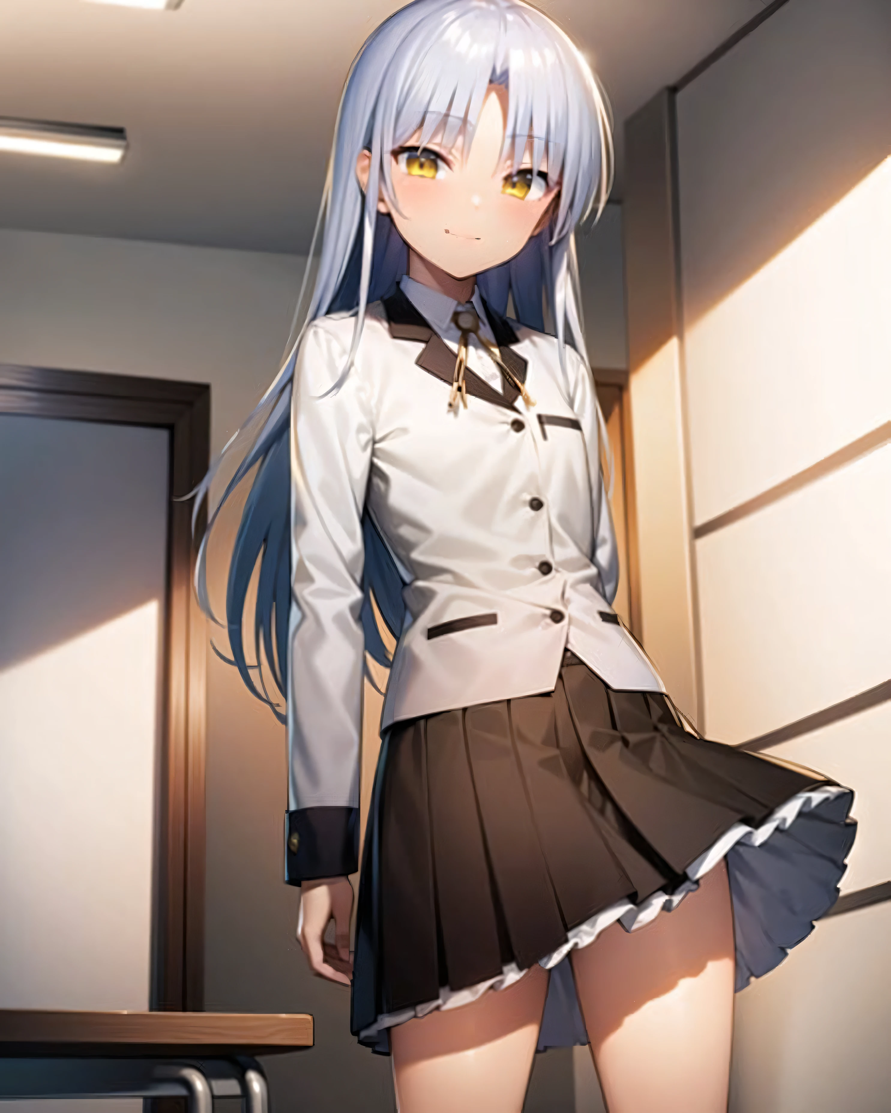 ((masterpiece)), ((best quality)), ((highres)), ((extremely detailed CG unity 8k wallpaper)), solo, tachibana kanade, black skirt, white socks, small smile, classroom