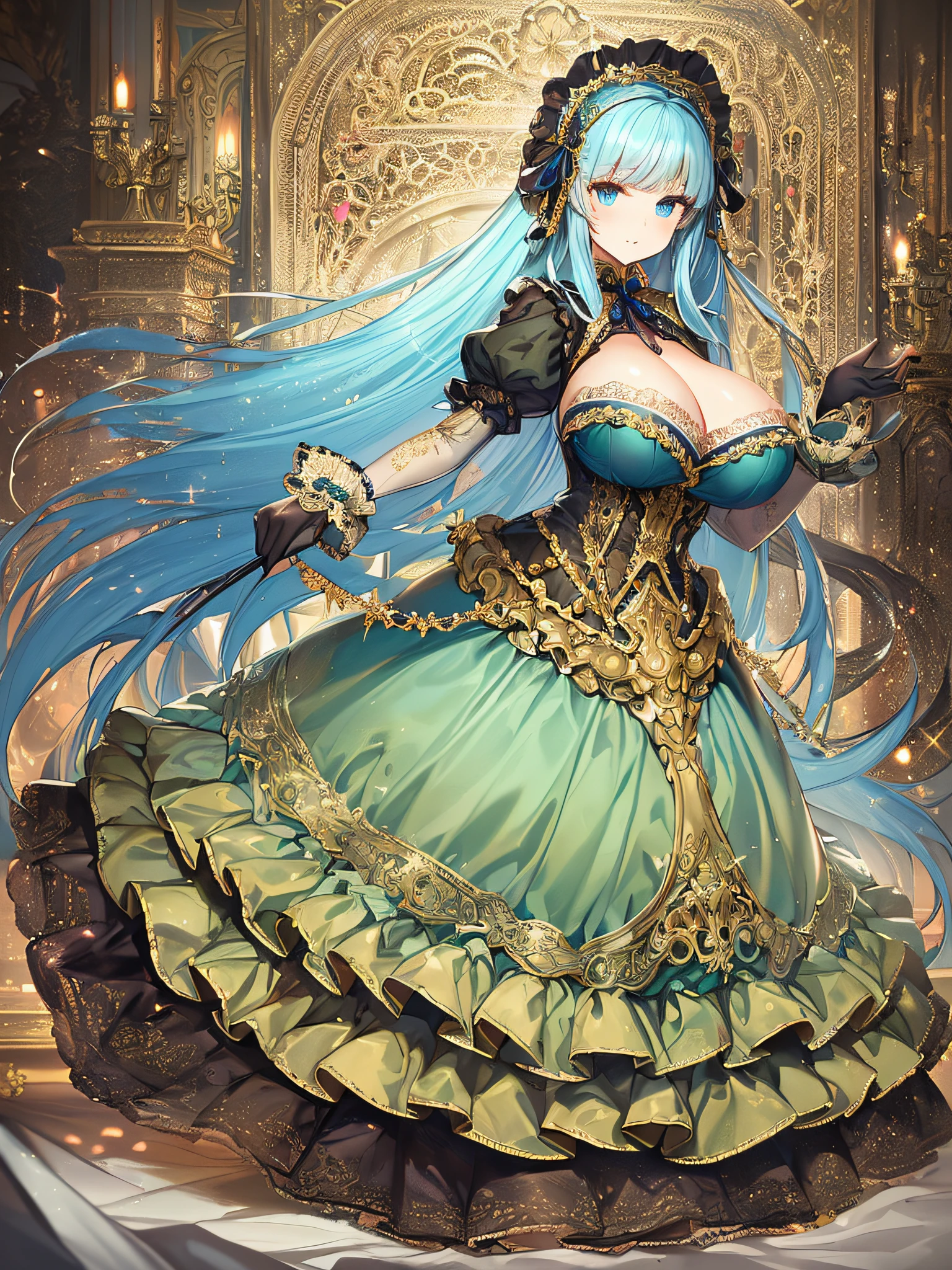 ((anime artstyle)),(Masterpiece),(Best Quality), (Super Detail),((Very Delicate and Beautiful)),((Solo)),((full body)),((1 victorian princess in gorgeousfull victorian dress with voluminous skirt)),many ruffles,detailed face and eyes,jewel-like eyes,((voluminous Very Long Straight Hair)),((gorgeousfull embroidery and lace)),gorgeous corsage,See-through,gorgeousfull hair ornament,gorgeousfull glitter jeweled tiara,ornate ruffles,((gigantic breasts,Long breasts)),skindentation,((full body)),((hoop skirt,crinoline)),standing pose,Dynamic Angle,Looking at viewer,royal palace,(((gorgeous embroidery gorgeousfull victorian dress with voluminous skirt)),full body